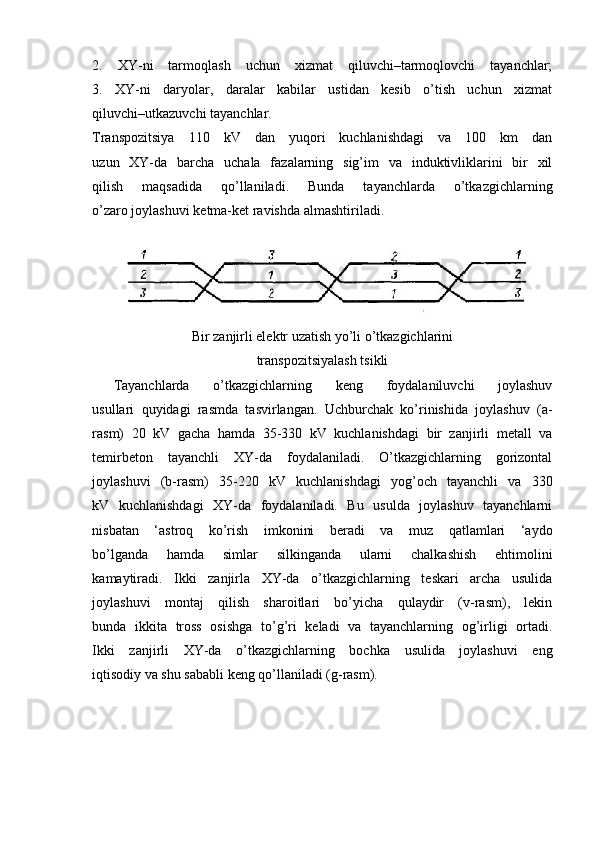 2.   XY-ni   tarmoqlash   uchun   xizmat   qiluvchi–tarmoqlovchi   tayanchlar;
3.   XY-ni   daryolar,   daralar   kabilar   ustidan   kesib   o’tish   uchun   xizmat
qiluvchi–utkazuvchi tayanchlar.
Transpozitsiya   110   kV   dan   yuqori   kuchlanishdagi   va   100   km   dan
uzun   XY-da   barcha   uchala   fazalarning   sig’im   va   induktivliklarini   bir   xil
qilish   maqsadida   qo’llaniladi.   Bunda   tayanchlarda   o’tkazgichlarning
o’zaro joylashuvi ketma-ket ravishda almashtiriladi.
Bir zanjirli elektr uzatish yo’li o’tkazgichlarini
transpozitsiyalash tsikli
Tayanchlarda   o’tkazgichlarning   keng   foydalaniluvchi   joylashuv
usullari   quyidagi   rasmda   tasvirlangan.   Uchburchak   ko’rinishida   joylashuv   (a-
rasm)   20   kV   gacha   hamda   35-330   kV   kuchlanishdagi   bir   zanjirli   metall   va
temirbeton   tayanchli   XY-da   foydalaniladi.   O’tkazgichlarning   gorizontal
joylashuvi   (b-rasm)   35-220   kV   kuchlanishdagi   yog’och   tayanchli   va   330
kV   kuchlanishdagi   XY-da   foydalaniladi.   Bu   usulda   joylashuv   tayanchlarni
nisbatan   ‘astroq   ko’rish   imkonini   beradi   va   muz   qatlamlari   ‘aydo
bo’lganda   hamda   simlar   silkinganda   ularni   chalkashish   ehtimolini
kamaytiradi.   Ikki   zanjirla   XY-da   o’tkazgichlarning   teskari   archa   usulida
joylashuvi   montaj   qilish   sharoitlari   bo’yicha   qulaydir   (v-rasm),   lekin
bunda   ikkita   tross   osishga   to’g’ri   keladi   va   tayanchlarning   og’irligi   ortadi.
Ikki   zanjirli   XY-da   o’tkazgichlarning   bochka   usulida   joylashuvi   eng
iqtisodiy va shu sababli keng qo’llaniladi (g-rasm).