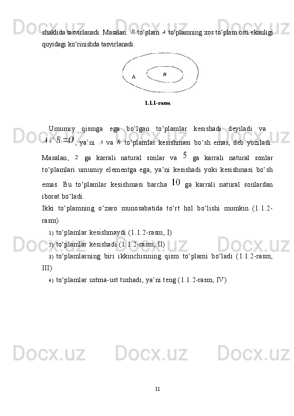 shaklida tasvirlanadi. Masalan:   to‘plam   to‘plamning xos to‘plam osti ekanligi
quyidagi ko‘rinishda tasvirlanadi. 
1.1.1-rasm
Umumiy   qismga   ega   bo‘lgan   to‘plamlar   kesishadi   deyiladi   va  
,   ya’ni     va     to‘plamlar   kesishmasi   bo‘sh   emas,   deb   yoziladi.
Masalan,     ga   karrali   natural   sonlar   va     ga   karrali   natural   sonlar
to‘plamlari   umumiy   elementga   ega,   ya’ni   kesishadi   yoki   kesishmasi   bo‘sh
emas.   Bu   to‘plamlar   kesishmasi   barcha     ga   karrali   natural   sonlardan
iborat bo‘ladi.
Ikki   to‘plamning   o‘zaro   munosabatida   to‘rt   hol   bo‘lishi   mumkin   (1.1.2-
rasm)
1) to‘plamlar kesishmaydi (1.1.2-rasm, I)
2) to‘plamlar kesishadi (1.1.2-rasm, II)
3) to‘plamlarning   biri   ikkinchisining   qism   to‘plami   bo‘ladi   (1.1.2-rasm,
III)
4) to‘plamlar ustma-ust tushadi, ya’ni teng (1.1.2-rasm, IV)
11 