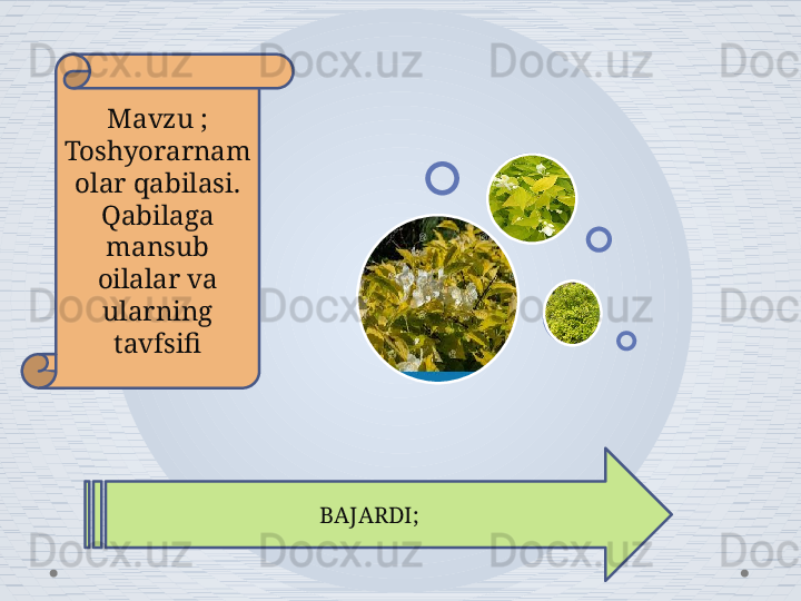 Mavzu ; 
Toshyorarnam
olar qabilasi. 
Qabilaga 
mansub 
oilalar va 
ularning 
tavfsifi
BAJARDI;