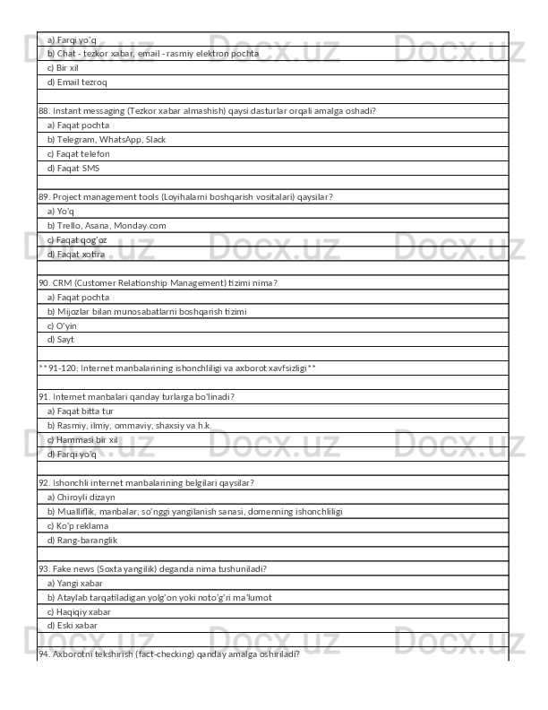     a) Farqi yo'q
    b) Chat - tezkor xabar, email - rasmiy elektron pochta
    c) Bir xil
    d) Email tezroq
88. Instant messaging (Tezkor xabar almashish) qaysi dasturlar orqali amalga oshadi?
    a) Faqat pochta
    b) Telegram, WhatsApp, Slack
    c) Faqat telefon
    d) Faqat SMS
89. Project management tools (Loyihalarni boshqarish vositalari) qaysilar?
    a) Yo'q
    b) Trello, Asana, Monday.com
    c) Faqat qog'oz
    d) Faqat xotira
90. CRM (Customer Relationship Management) tizimi nima?
    a) Faqat pochta
    b) Mijozlar bilan munosabatlarni boshqarish tizimi
    c) O'yin
    d) Sayt
**91-120: Internet manbalarining ishonchliligi va axborot xavfsizligi**
91. Internet manbalari qanday turlarga bo'linadi?
    a) Faqat bitta tur
    b) Rasmiy, ilmiy, ommaviy, shaxsiy va h.k.
    c) Hammasi bir xil
    d) Farqi yo'q
92. Ishonchli internet manbalarining belgilari qaysilar?
    a) Chiroyli dizayn
    b) Mualliflik, manbalar, so'nggi yangilanish sanasi, domenning ishonchliligi
    c) Ko'p reklama
    d) Rang-baranglik
93. Fake news (Soxta yangilik) deganda nima tushuniladi?
    a) Yangi xabar
    b) Ataylab tarqatiladigan yolg'on yoki noto'g'ri ma'lumot
    c) Haqiqiy xabar
    d) Eski xabar
94. Axborotni tekshirish (fact-checking) qanday amalga oshiriladi? 