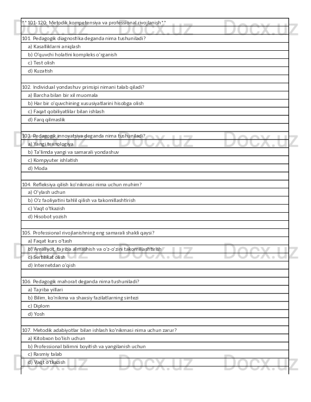 **101-120: Metodik kompetensiya va professional rivojlanish**
101. Pedagogik diagnostika deganda nima tushuniladi?
     a) Kasalliklarni aniqlash
     b) O'quvchi holatini kompleks o'rganish
     c) Test olish
     d) Kuzatish
102. Individual yondashuv prinsipi nimani talab qiladi?
     a) Barcha bilan bir xil muomala
     b) Har bir o'quvchining xususiyatlarini hisobga olish
     c) Faqat qobiliyatlilar bilan ishlash
     d) Farq qilmaslik
103. Pedagogik innovatsiya deganda nima tushuniladi?
     a) Yangi texnologiya
     b) Ta'limda yangi va samarali yondashuv
     c) Kompyuter ishlatish
     d) Moda
104. Refleksiya qilish ko'nikmasi nima uchun muhim?
     a) O'ylash uchun
     b) O'z faoliyatini tahlil qilish va takomillashtirish
     c) Vaqt o'tkazish
     d) Hisobot yozish
105. Professional rivojlanishning eng samarali shakli qaysi?
     a) Faqat kurs o'tash
     b) Amaliyot, tajriba almashish va o'z-o'zini takomillashtirish
     c) Sertifikat olish
     d) Internetdan o'qish
106. Pedagogik mahorat deganda nima tushuniladi?
     a) Tajriba yillari
     b) Bilim, ko'nikma va shaxsiy fazilatlarning sintezi
     c) Diplom
     d) Yosh
107. Metodik adabiyotlar bilan ishlash ko'nikmasi nima uchun zarur?
     a) Kitobxon bo'lish uchun
     b) Professional bilimni boyitish va yangilanish uchun
     c) Rasmiy talab
     d) Vaqt o'tkazish 