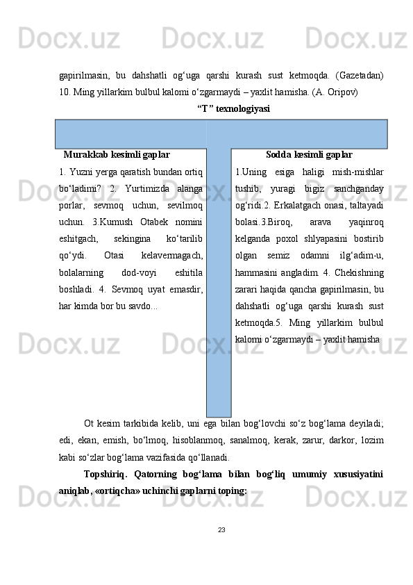 gapirilmasin,   bu   dahshatli   og‘uga   qarshi   kurash   sust   ketmoqda.   (Gazetadan)
10. Ming yillarkim bulbul kalomi o‘zgarmaydi – yaxlit hamisha. (A. Oripov)
“T”   texnologiyasi
   Murakkab kesimli gaplar
1.  Yuzni yerga qaratish bundan ortiq
bo‘ladimi?   2.   Yurtimizda   alanga
porlar,   sevmoq   uchun,   sevilmoq
uchun.   3.Kumush   Otabek   nomini
eshitgach,   sekingina   ko‘tarilib
qo‘ydi.   Otasi   kelavermagach,
bolalarning   dod-voyi   eshitila
boshladi.   4.   Sevmoq   uyat   emasdir,
har kimda bor bu savdo...
 
 
 
  Sodda kesimli gaplar
1. Uning   esiga   haligi   mish-mishlar
tushib,   yuragi   bigiz   sanchganday
og‘ridi.2. Erkalatgach onasi, taltayadi
bolasi.3.Biroq,   arava   yaqinroq
kelganda   poxol   shlyapasini   bostirib
olgan   semiz   odamni   ilg‘adim-u,
hammasini   angladim.   4.   Chekishning
zarari haqida qancha gapirilmasin, bu
dahshatli   og‘uga   qarshi   kurash   sust
ketmoqda.5.   Ming   yillarkim   bulbul
kalomi o‘zgarmaydi – yaxlit hamisha
 
Ot   kesim   tarkibida   kelib,   uni   ega   bilan   bog‘lovchi   so‘z   bog‘lama   deyiladi;
edi,   ekan,   emish,   bo‘lmoq,   hisoblanmoq,   sanalmoq,   kerak,   zarur,   darkor,   lozim
kabi so‘zlar bog‘lama vazifasida qo‘llanadi.
Topshiriq.   Qatorning   bog‘lama   bilan   bog‘liq   umumiy   xususiyatini
aniqlab, «ortiqcha» uchinchi gaplarni toping: 
23 