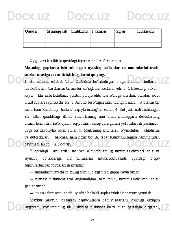 Qandil Munaqqash Childirma Taxmon  Sipar Chakmon
Uyga vazifa sifatida quyidagi topshiriqni berish mumkin: 
Matndagi   gaplarda   ishtirok   etgan   uyushiq   bo‘laklar   va   umumlashtiruvchi
so‘zlar orasiga zarur tinish belgilarini qo‘ying.
1.   Bu   xabarni   eshitish   bilan   Otabekda   ko‘riladirgan   o‘zgarishlarni...   hollarni...
harakatlarni... barchasini birma-bir ko‘nglidan kechirar edi. 2. Otabekdagi sukut...
xayol... fikr kabi holatlarni yulib... yulqib olib, ular o‘rniga chechak donalari ekib,
umid suvlari sepmakchi edi. 3. Ammo bu o‘zgarishlar uning husnini... latofatini bir
zarra ham kamitmay, balki o‘n qayta oshirg‘an edilar. 4. Zol juda nafis ishlangan
edi:   oltin   qandildagi   ellilab   sham’larning   nuri   bilan   munaqqash   devorlarning
oltin... kumush... ko‘k-qizil... oq-pushti... sariq-qora gullari yulduzlardek yashnab,
uyga   bir   xayoliylik   berar   edilar.   5.   Majlisning   shoirlari...   o‘yinchilari...   childirma
va   dutorchilari   ...   barchasi   ham   hozir   bo‘lib,   faqat   Kumushbibigina   hammomdan
qaytmag‘ an edi. ( A.Qodiriy)
Yuqoridagi     usullardan   tashqari   o‘quvchilarning   umumlashtiruvchi   so‘z   va
uyushiq   bo‘laklariga   oid   bilimlarini   mustahkamlashda   quyidagi   o‘quv
topshiriqlaridan foydalanish mumkin:
— umumlashtiruvchi so‘zning o‘mini o‘zgaitirib, gapni qayta tuzish;
— xususiy   tushunchalarni   anglatadigan   so‘z   topib,   umumlashtiruvchi   so‘zli
gaplar tuzish;
— umumlashtiruvchi so‘zli uyushiq bo'lakli gaplar ishtirokida matn yaratish...
Mazkur   mavzuni   o'rganish   o'quvchilarda   badiiy   asarlami   o'qishga   qiziqish
uyg'otadi,   yozuvchining   tili,   uslubiga   tilshunos   ko‘zi   bilan   qarashga   o‘rgatadi,
79 