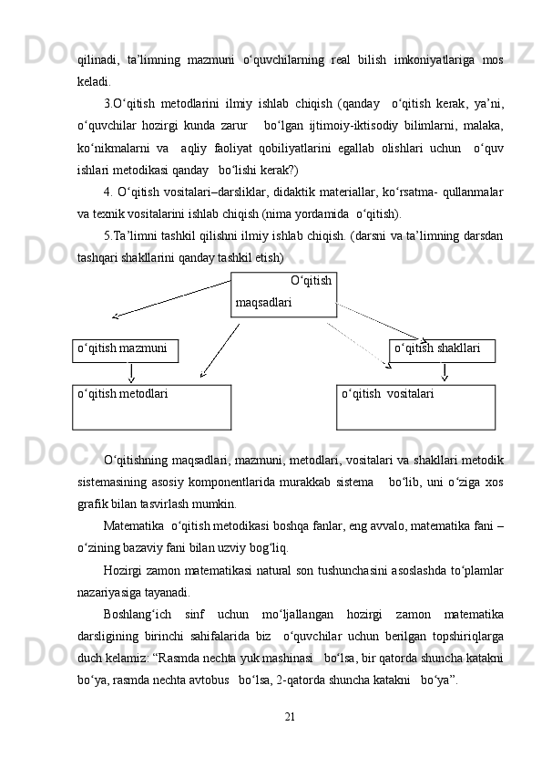 qilinadi ,   ta ’ limning   mazmuni   o quvchilarningʻ   real   bilish   imkoniyatlariga   mos
keladi .
3. O qitish	
ʻ   metodlarini   ilmiy   ishlab   chiqish   ( qanday     o qitish	ʻ   kerak ,   ya ’ ni ,
o quvchilar	
ʻ   hozirgi   kunda   zarur       bo lgan	ʻ   ijtimoiy- iktisodiy   bilimlarni ,   malaka ,
ko nikmalarni	
ʻ   va     aqliy   faoliyat   qobiliyatlarini   egallab   olishlari   uchun     o quv	ʻ
ishlari   metodikasi   qanday     bo lishi	
ʻ   kerak ? )
4.  O qitish   vositalari–darsliklar,  didaktik  materiallar,  ko rsatma-  qullanmalar	
ʻ ʻ
va texnik vositalarini ishlab chiqish (nima yordamida  o qitish).	
ʻ
5.Ta’limni tashkil qilishni ilmiy ishlab chiqish. (darsni va ta’limning darsdan
tashqari shakllarini qanday tashkil etish)
      O qitish	
ʻ
maqsadlari  
o qitish mazmuni	
ʻ o qitish 	ʻ shakl lari
o qitish metodlari 	
ʻ o qitish  vositalari	ʻ
O qitishning maqsadlari, mazmuni, metodlari, vositalari va  	
ʻ shakl lari metodik
sistemasining   asosiy   komponentlarida   murakkab   sistema       bo lib,   uni   o ziga   xos	
ʻ ʻ
grafik bilan tasvirlash mumkin.
Matematika    o qitish	
ʻ   metodikasi   boshqa   fanlar ,  eng   avvalo ,  matematika   fani  –
o zining	
ʻ   bazaviy   fani   bilan   uzviy   bog liq	ʻ .
Hozirgi   zamon   matematikasi   natural   son   tushunchasini   asoslashda   to plamlar	
ʻ
nazariyasiga   tayanadi .
Boshlang ich	
ʻ   sinf   uchun   mo ljallangan	ʻ   hozirgi   zamon   matematika
darsligining   birinchi   sahifalarida   biz     o quvchilar	
ʻ   uchun   berilgan   topshiriqlarga
duch   kelamiz : “ Rasmda   nechta   yuk   mashinasi     bo lsa	
ʻ ,  bir   qatorda   shuncha   katakni
bo ya	
ʻ ,  rasmda   nechta   avtobus     bo lsa	ʻ , 2- qatorda   shuncha   katakni     bo ya	ʻ ”.
21