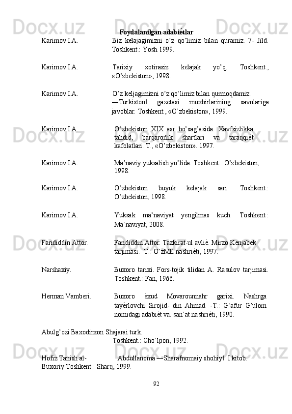 Foydalanilgan adabiѐ6tlar 
Karimov I.A.   Biz   kelajagimizni   o’z   qo’limiz   bilan   quramiz.   7-   Jild.
Toshkent.: Yosh.1999. 
 
Karimov I.A.   Tarixiy   xotirasiz   kelajak   yo’q.   Toshkent.,
«O’zbekiston», 1998. 
 
Karimov I.A.   O’z keljagimizni o’z qo’limiz bilan qurmoqdamiz. 
―Turkiston   gazetasi   muxbirlarining   savolariga	
‖
javoblar.  Toshkent., «O’zbekiston», 1999. 
 
Karimov I.A.  O’zbekiston   XIX   asr   bo’sag’asida.   Xavfsizlikka
tahdid,   barqarorlik   shartlari   va   taraqqi ѐ	
' t
kafolatlari.  T., «O’zbekiston». 1997. 
 
Karimov I.A.  Ma’naviy yuksalish yo’lida. Toshkent.: O’zbekiston, 
1998. 
 
Karimov I.A.  O’zbekiston   buyuk   kelajak   sari.   Toshkent.:
O’zbekiston, 1998. 
 
Karimov I.A.  Yuksak   ma’naviyat   yengilmas   kuch.   Toshkent.:
Ma’naviyat, 2008. 
 
Farididdin Attor.  Farididdin Attor. Tazkirat-ul avli ѐ	
' . Mirzo Kenjabek 
tarjimasi. -T.: O’zME nashri ѐ	
' ti, 1997. 
 
Narshaxiy.  Buxoro   tarixi.   Fors-tojik   tilidan   A.   Rasulov   tarjimasi.
Toshkent.: Fan, 1966. 
 
Herman Vamberi.  Buxoro  	
ѐ'xud   Movarounnahr   garixi.   Nashrga
tay	
ѐ'rlovchi   Sirojid-   din   Ahmad.   -T.:   G’afur   G’ulom
nomidagi adabi	
ѐ't va. san’at nashri	ѐ'ti, 1990. 
 
Abulg’ozi Baxodirxon Shajarai turk. 
Toshkent.: Cho’lpon, 1992. 
 
Hofiz Tanish al- Abdullanoma ―Sharafnomaiy shohiy . I kitob. 	
‖
Buxoriy Toshkent.: Sharq, 1999. 
 
92