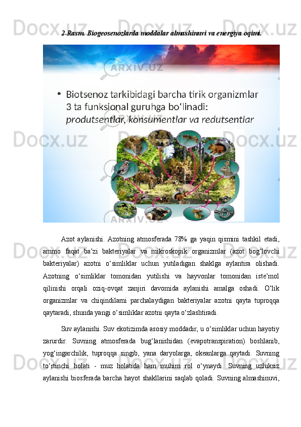 2-Rasm. Biogeosenozlarda moddalar almashinuvi va energiya oqimi.
Azot   aylanishi.   Azotning   atmosferada   78%   ga   yaqin   qismini   tashkil   etadi,
ammo   faqat   ba’zi   bakteriyalar   va   mikroskopik   organizmlar   (azot   bog‘lovchi
bakteriyalar)   azotni   o‘simliklar   uchun   yutiladigan   shaklga   aylantira   olishadi.
Azotning   o‘simliklar   tomonidan   yutilishi   va   hayvonlar   tomonidan   iste’mol
qilinishi   orqali   oziq-ovqat   zanjiri   davomida   aylanishi   amalga   oshadi.   O‘lik
organizmlar   va   chiqindilarni   parchalaydigan   bakteriyalar   azotni   qayta   tuproqqa
qaytaradi, shunda yangi o‘simliklar azotni qayta o‘zlashtiradi.
Suv aylanishi. Suv ekotizimda asosiy moddadir, u o‘simliklar uchun hayotiy
zarurdir.   Suvning   atmosferada   bug‘lanishidan   (evapotranspiration)   boshlanib,
yog‘ingarchilik,   tuproqqa   singib,   yana   daryolarga,   okeanlarga   qaytadi.   Suvning
to‘rtinchi   holati   -   muz   holatida   ham   muhim   rol   o‘ynaydi.   Suvning   uzluksiz
aylanishi  biosferada barcha hayot shakllarini saqlab qoladi. Suvning almashinuvi, 