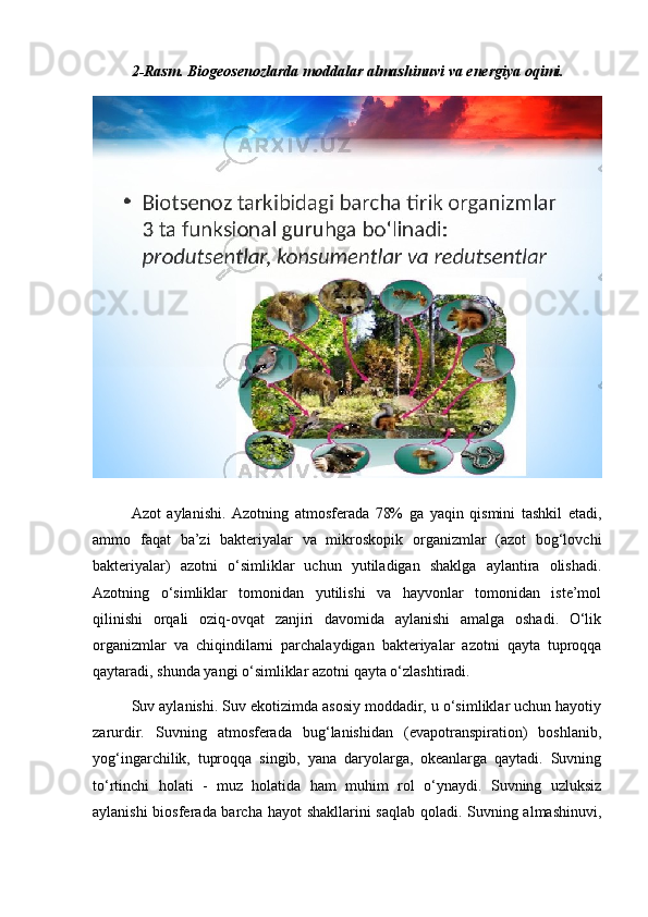 2-Rasm. Biogeosenozlarda moddalar almashinuvi va energiya oqimi.
Azot   aylanishi.   Azotning   atmosferada   78%   ga   yaqin   qismini   tashkil   etadi,
ammo   faqat   ba’zi   bakteriyalar   va   mikroskopik   organizmlar   (azot   bog‘lovchi
bakteriyalar)   azotni   o‘simliklar   uchun   yutiladigan   shaklga   aylantira   olishadi.
Azotning   o‘simliklar   tomonidan   yutilishi   va   hayvonlar   tomonidan   iste’mol
qilinishi   orqali   oziq-ovqat   zanjiri   davomida   aylanishi   amalga   oshadi.   O‘lik
organizmlar   va   chiqindilarni   parchalaydigan   bakteriyalar   azotni   qayta   tuproqqa
qaytaradi, shunda yangi o‘simliklar azotni qayta o‘zlashtiradi.
Suv aylanishi. Suv ekotizimda asosiy moddadir, u o‘simliklar uchun hayotiy
zarurdir.   Suvning   atmosferada   bug‘lanishidan   (evapotranspiration)   boshlanib,
yog‘ingarchilik,   tuproqqa   singib,   yana   daryolarga,   okeanlarga   qaytadi.   Suvning
to‘rtinchi   holati   -   muz   holatida   ham   muhim   rol   o‘ynaydi.   Suvning   uzluksiz
aylanishi  biosferada barcha hayot shakllarini saqlab qoladi. Suvning almashinuvi,