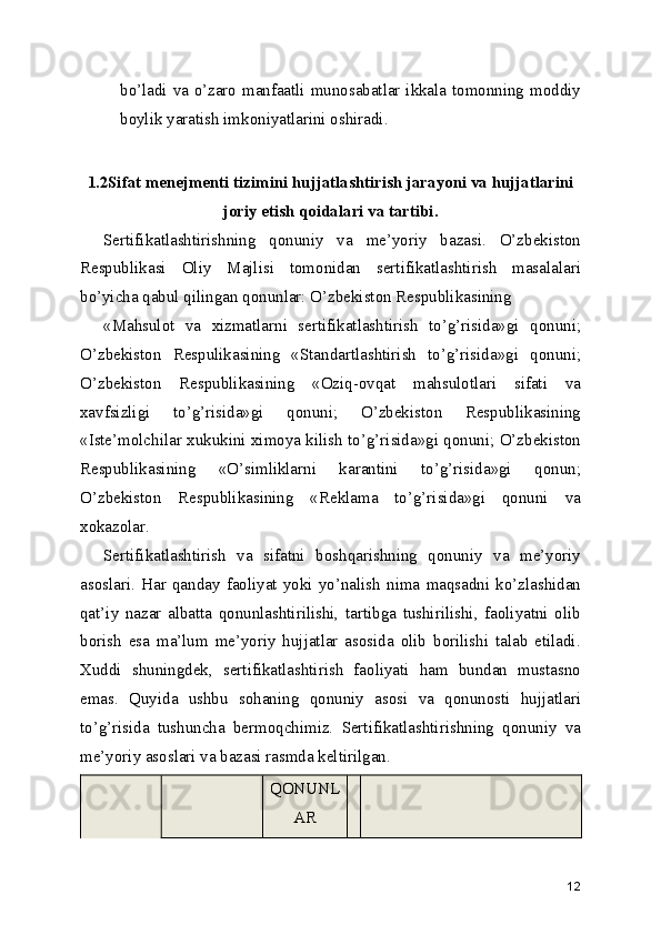 bo’ladi va o’zaro manfaatli munosabatlar ikkala tomonning moddiy
boylik yaratish imkoniyatlarini oshiradi. 
 
1.2Sifat menejmenti tizimini hujjatlashtirish jarayoni va hujjatlarini
joriy etish qoidalari va tartibi.
Sertifikatlashtirishning   qonuniy   va   me’yoriy   bazasi.   O’zbekiston
Respublikasi   Oliy   Majlisi   tomonidan   sertifikatlashtirish   masalalari
bo’yicha qabul qilingan qonunlar: O’zbekiston Respublikasining
«Mahsulot   va   xizmatlarni   sertifikatlashtirish   to’g’risida»gi   qonuni;
O’zbekiston   Respulikasining   «Standartlashtirish   to’g’risida»gi   qonuni;
O’zbekiston   Respublikasining   «Oziq-ovqat   mahsulotlari   sifati   va
xavfsizligi   to’g’risida»gi   qonuni;   O’zbekiston   Respublikasining
«Iste’molchilar xukukini ximoya kilish to’g’risida»gi qonuni; O’zbekiston
Respublikasining   «O’simliklarni   karantini   to’g’risida»gi   qonun;
O’zbekiston   Respublikasining   «Reklama   to’g’risida»gi   qonuni   va
xokazolar. 
Sertifikatlashtirish   va   sifatni   boshqarishning   qonuniy   va   me’yoriy
asoslari.   Har   qanday   faoliyat   yoki   yo’nalish   nima   maqsadni   ko’zlashidan
qat’iy   nazar   albatta   qonunlashtirilishi,   tartibga   tushirilishi,   faoliyatni   olib
borish   esa   ma’lum   me’yoriy   hujjatlar   asosida   olib   borilishi   talab   etiladi.
Xuddi   shuningdek,   sertifikatlashtirish   faoliyati   ham   bundan   mustasno
emas.   Quyida   ushbu   sohaning   qonuniy   asosi   va   qonunosti   hujjatlari
to’g’risida   tushuncha   bermoqchimiz.   Sertifikatlashtirishning   qonuniy   va
me’yoriy asoslari va bazasi rasmda keltirilgan. 
QONUNL
AR
12 
