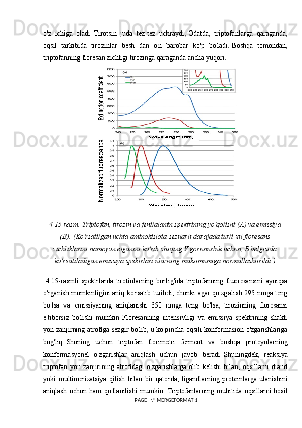 o'z   ichiga   oladi.   Tirotsin   juda   tez-tez   uchraydi;   Odatda,   triptofanlarga   qaraganda,
oqsil   tarkibida   tirozinlar   besh   dan   o'n   barobar   ko'p   bo'ladi.   Boshqa   tomondan,
triptofanning floresan zichligi tirozinga qaraganda ancha yuqori.
4.15-rasm.   Triptofan, tirozin va fenilalanin spektrining yo'qolishi (A) va emissiya
(B).   (Ko'rsatilgan uchta aminokislota sezilarli darajada turli xil floresans
zichliklarini namoyon etganini ko'rib chiqing.V görünürlük uchun, B belgisida
ko'rsatiladigan emissiya spektrlari ularning maksimumiga normallashtirildi.)
  4.15-rasmli   spektrlarda   tirotinlarning   borlig'ida   triptofanning   flüoresansini   ayniqsa
o'rganish mumkinligini aniq ko'rsatib turibdi, chunki agar qo'zg'alish 295 nmga teng
bo'lsa   va   emissiyaning   aniqlanishi   350   nmga   teng   bo'lsa,   tirozinning   floresansi
e'tiborsiz   bo'lishi   mumkin   Floresanning   intensivligi   va   emissiya   spektrining   shakli
yon zanjirning atrofiga sezgir bo'lib, u ko'pincha oqsili konformasion o'zgarishlariga
bog'liq.   Shuning   uchun   triptofan   florimetri   ferment   va   boshqa   proteynlarning
konformasyonel   o'zgarishlar   aniqlash   uchun   javob   beradi.   Shuningdek,   reaksiya
triptofan  yon  zanjirining  atrofidagi   o'zgarishlarga  olib  kelishi  bilan,  oqsillarni  diand
yoki   multimerizatsiya   qilish   bilan   bir   qatorda,   ligandlarning   proteinlarga   ulanishini
aniqlash  uchun   ham   qo'llanilishi  mumkin.   Triptofanlarning  muhitida  oqsillarni   hosil
 PAGE   \* MERGEFORMAT 1 
