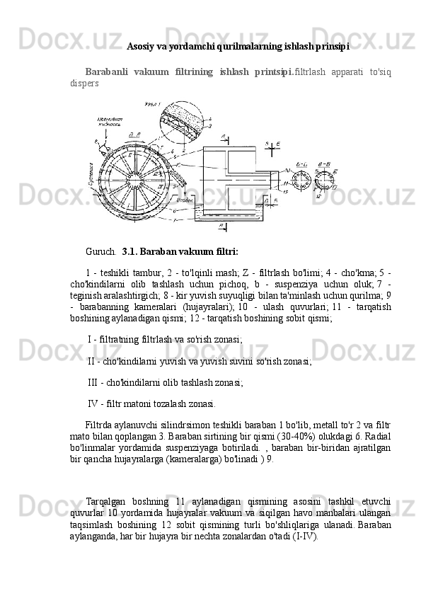 Asosiy va yordamchi qurilmalarning ishlash prinsipi
Barabanli   vakuum   filtrining   ishlash   printsipi. filtrlash   apparati   to'siq
dispers
Guruch.     3.1.   Baraban vakuum filtri:
1 - teshikli  tambur, 2 -  to'lqinli  mash;   Z -  filtrlash bo'limi;   4 - cho'kma;   5 -
cho'kindilarni   olib   tashlash   uchun   pichoq,   b   -   suspenziya   uchun   oluk;   7   -
teginish aralashtirgich;   8 - kir yuvish suyuqligi bilan ta'minlash uchun qurilma;   9
-   barabanning   kameralari   (hujayralari);   10   -   ulash   quvurlari;   11   -   tarqatish
boshining aylanadigan qismi;   12 - tarqatish boshining sobit qismi;
  I - filtratning filtrlash va so'rish zonasi;
  II - cho'kindilarni yuvish va yuvish suvini so'rish zonasi;
  III - cho'kindilarni olib tashlash zonasi;
  IV - filtr matoni tozalash zonasi.
Filtrda aylanuvchi silindrsimon teshikli baraban 1 bo'lib, metall to'r 2 va filtr
mato bilan qoplangan 3. Baraban sirtining bir qismi (30-40%) olukdagi 6. Radial
bo'linmalar   yordamida   suspenziyaga   botiriladi.   ,   baraban   bir-biridan   ajratilgan
bir qancha hujayralarga (kameralarga) bo'linadi ) 9.
Tarqalgan   boshning   11   aylanadigan   qismining   asosini   tashkil   etuvchi
quvurlar  10  yordamida  hujayralar  vakuum  va   siqilgan  havo  manbalari   ulangan
taqsimlash   boshining   12   sobit   qismining   turli   bo'shliqlariga   ulanadi.   Baraban
aylanganda, har bir hujayra bir nechta zonalardan o'tadi (I-IV).