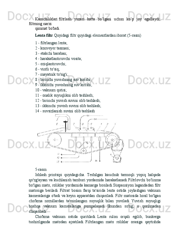 Kamchiliklari:filtrlash   yuzasi   katta   bo’lgani   uchun   ko‘p   joy   egallaydi;
filtrning narxi
qimmat bo'ladi.
Lenta filtr .Quyidagi filtr quyidagi elementlardan iborat:(5-rasm)
1 - filtrlangan lenta;
2 - konveyer tasmasi;
3 - etakchi baraban;
4 - harakatlantiruvchi vosita;
5 - oziqlantiruvchi;
6 - vintli to'siq;
7 - mayatnik to'sig'i;
8 - birinchi yuvishning suv kirishi;
9 - ikkinchi yuvishning suv kirishi;
10 - vakuum qutisi;
11 - onalik suyuqlikni olib tashlash;
12 - birinchi yuvish suvini olib tashlash;
13 - ikkinchi yuvish suvini olib tashlash;
14 - suvsizlanish suvini olib tashlash
5- rasm  
Ishlash   printsipi   quyidagicha.   Teshilgan   kauchuk   tarmoqli   yopiq   halqada
qo'zg'aysan va kuchlanish tamburi yordamida harakatlanadi. Filtrlovchi   bo ' linma
bo ' lgan   mato ,  roliklar   yordamida   kamarga   bosiladi . S ü spansiyon   lagandadan   filtr
matosiga   beriladi .   Filtrat   bosim   farqi   ta'sirida   lenta   ostida   joylashgan   vakuum
kameralariga o'tadi va keyin apparatdan chiqariladi.   Filtr matosida hosil bo'lgan
cho'kma   nozullardan   ta'minlangan   suyuqlik   bilan   yuviladi.   Yuvish   suyuqligi
boshqa   vakuum   kameralariga   pompalanadi.   Shundan   so'ng,   u   qurilmadan
chiqariladi.
Cho'kma   vakuum   ostida   quritiladi.   Lenta   rulon   orqali   egilib,   bunkerga
tushirilganda   matodan   ajratiladi.   Filtrlangan   mato   roliklar   orasiga   qaytishda 