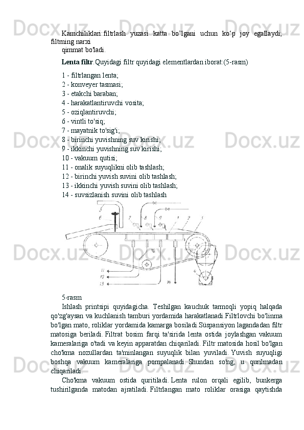 Kamchiliklari:filtrlash   yuzasi   katta   bo’lgani   uchun   ko‘p   joy   egallaydi;
filtrning narxi
qimmat bo'ladi.
Lenta filtr .Quyidagi filtr quyidagi elementlardan iborat:(5-rasm)
1 - filtrlangan lenta;
2 - konveyer tasmasi;
3 - etakchi baraban;
4 - harakatlantiruvchi vosita;
5 - oziqlantiruvchi;
6 - vintli to'siq;
7 - mayatnik to'sig'i;
8 - birinchi yuvishning suv kirishi;
9 - ikkinchi yuvishning suv kirishi;
10 - vakuum qutisi;
11 - onalik suyuqlikni olib tashlash;
12 - birinchi yuvish suvini olib tashlash;
13 - ikkinchi yuvish suvini olib tashlash;
14 - suvsizlanish suvini olib tashlash
5- rasm  
Ishlash   printsipi   quyidagicha.   Teshilgan   kauchuk   tarmoqli   yopiq   halqada
qo'zg'aysan va kuchlanish tamburi yordamida harakatlanadi. Filtrlovchi   bo ' linma
bo ' lgan   mato ,  roliklar   yordamida   kamarga   bosiladi . S ü spansiyon   lagandadan   filtr
matosiga   beriladi .   Filtrat   bosim   farqi   ta'sirida   lenta   ostida   joylashgan   vakuum
kameralariga o'tadi va keyin apparatdan chiqariladi.   Filtr matosida hosil bo'lgan
cho'kma   nozullardan   ta'minlangan   suyuqlik   bilan   yuviladi.   Yuvish   suyuqligi
boshqa   vakuum   kameralariga   pompalanadi.   Shundan   so'ng,   u   qurilmadan
chiqariladi.
Cho'kma   vakuum   ostida   quritiladi.   Lenta   rulon   orqali   egilib,   bunkerga
tushirilganda   matodan   ajratiladi.   Filtrlangan   mato   roliklar   orasiga   qaytishda