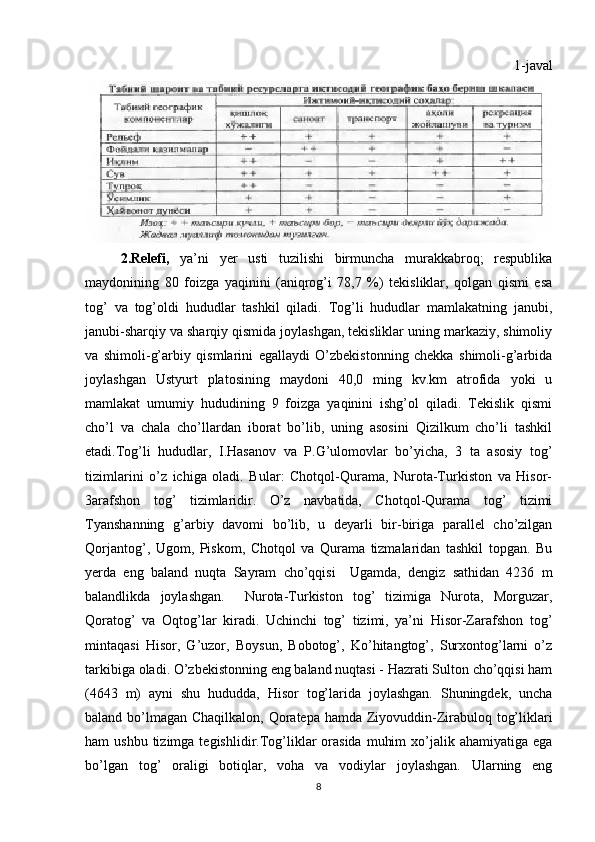 1-javal
2.Relefi,   ya’ni   yer   usti   tuzilishi   birmuncha   murakkabroq;   respublika
maydonining   80   foizga   yaqinini   (aniqrog’i   78,7   %)   tekisliklar,   qolgan   qismi   esa
tog’   va   tog’oldi   hududlar   tashkil   qiladi.   Tog’li   hududlar   mamlakatning   janubi,
janubi-sharqiy va sharqiy qismida joylashgan, tekisliklar uning markaziy, shimoliy
va   shimoli-g’arbiy   qismlarini   egallaydi   O’zbekistonning   chekka   shimoli-g’arbida
joylashgan   Ustyurt   platosining   maydoni   40,0   ming   kv.km   atrofida   yoki   u
mamlakat   umumiy   hududining   9   foizga   yaqinini   ishg’ol   qiladi.   Tekislik   qismi
cho’l   va   chala   cho’llardan   iborat   bo’lib,   uning   asosini   Qizilkum   cho’li   tashkil
etadi.Tog’li   hududlar,   I.Hasanov   va   P.G’ulomovlar   bo’yicha,   3   ta   asosiy   tog’
tizimlarini   o’z   ichiga   oladi.   Bular:   Chotqol-Qurama,   Nurota-Turkiston   va   Hisor-
3arafshon   tog’   tizimlaridir.   O’z   navbatida,   Chotqol-Qurama   tog’   tizimi
Tyanshanning   g’arbiy   davomi   bo’lib,   u   deyarli   bir-biriga   parallel   cho’zilgan
Qorjantog’,   Ugom,   Piskom,   Chotqol   va   Qurama   tizmalaridan   tashkil   topgan.   Bu
yerda   eng   baland   nuqta   Sayram   cho’qqisi     Ugamda,   dengiz   sathidan   4236   m
balandlikda   joylashgan.     Nurota-Turkiston   tog’   tizimiga   Nurota,   Morguzar,
Qoratog’   va   Oqtog’lar   kiradi.   Uchinchi   tog’   tizimi,   ya’ni   Hisor-Zarafshon   tog’
mintaqasi   Hisor,   G’uzor,   Boysun,   Bobotog’,   Ko’hitangtog’,   Surxontog’larni   o’z
tarkibiga oladi. O’zbekistonning eng baland nuqtasi - Hazrati Sulton cho’qqisi ham
(4643   m)   ayni   shu   hududda,   Hisor   tog’larida   joylashgan.   Shuningdek,   uncha
baland bo’lmagan Chaqilkalon, Qoratepa hamda Ziyovuddin-Zirabuloq tog’liklari
ham  ushbu  tizimga  tegishlidir.Tog’liklar   orasida   muhim   xo’jalik  ahamiyatiga  ega
bo’lgan   tog’   oraligi   botiqlar,   voha   va   vodiylar   joylashgan.   Ularning   eng
8 