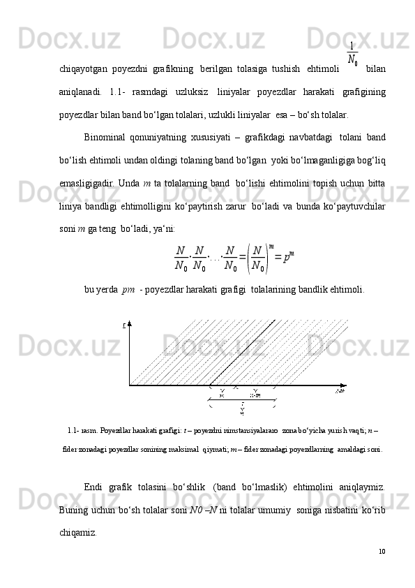 chiqayotgan   poyezdni   grafikning ?
  berilgan   tolasiga   tushish ?
  ehtimoli  1
N0   bilan
aniqlanadi.   1.1-   rasmdagi   uzluksiz ?
  liniyalar   poyezdlar   harakati   grafigining
poyezdlar bilan band bo‘lgan tolalari, uzlukli liniyalar ?
 esa – bo‘sh tolalar.
Binominal   qonuniyatning   xususiyati   –   grafikdagi   navbatdagi ?
  tolani   band
bo‘lish ehtimoli undan oldingi tolaning band bo‘lgan ?
 yoki bo‘lmaganligiga bog‘liq
emasligigadir.   Unda   m   ta   tolalarning   band ?
  bo‘lishi   ehtimolini   topish   uchun   bitta
liniya   bandligi   ehtimolligini   ko‘paytirish   zarur ?
  bo‘ladi   va   bunda   ko‘paytuvchilar
soni  m  ga teng ?
 bo‘ladi, ya‘ni:	
N
N	0
⋅	N
N	0
⋅...⋅	N
N	0
=	
(	
N
N	0)
m
=	pm
bu yerda   pm   - poyezdlar harakati grafigi ?
 tolalarining bandlik ehtimoli.
1.1- rasm. Poyezdlar harakati grafigi:  t –  poyezdni nimstansiyalararo ?
 zona bo‘yicha yurish vaqti;  n –
fider zonadagi poyezdlar sonining maksimal ?
 qiymati;  m –  fider zonadagi poyezdlarning ?
 amaldagi soni.
Endi   grafik   tolasini   bo‘shlik ?
  (band   bo‘lmaslik)   ehtimolini   aniqlaymiz.
Buning uchun bo‘sh tolalar soni   N0 –N   ni tolalar umumiy ?
  soniga nisbatini ko‘rib
chiqamiz.
10 