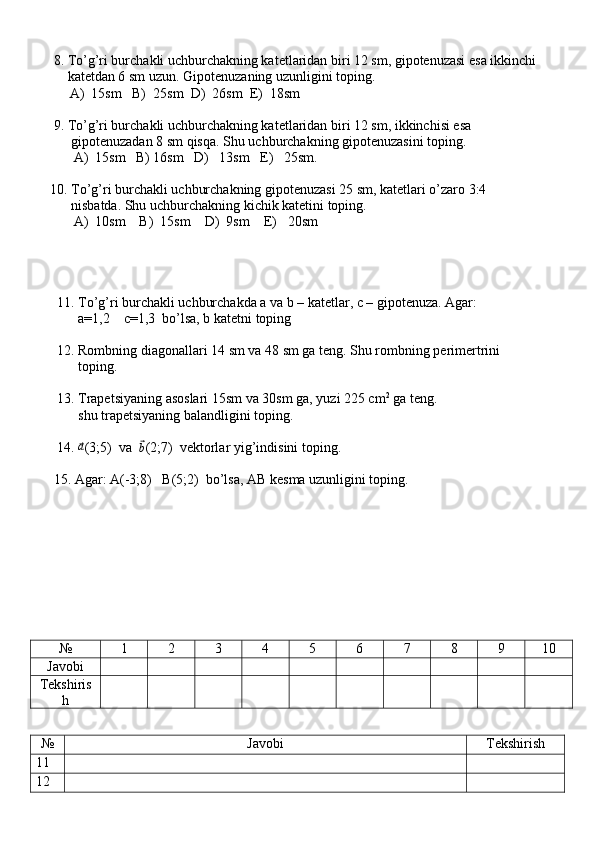      8. To’g’ri burchakli uchburchakning katetlaridan biri 12 sm, gipotenuzasi esa ikkinchi
         katetdan 6 sm uzun. Gipotenuzaning uzunligini toping.
A)  15sm   B)  25sm  D)  26sm  E)  18sm     
          
     9. To’g’ri burchakli uchburchakning katetlaridan biri 12 sm, ikkinchisi esa 
          gipotenuzadan 8 sm qisqa. Shu uchburchakning gipotenuzasini toping.
A)  15sm   B) 16sm   D)   13sm   E)   25sm.
    
    10. To’g’ri burchakli uchburchakning gipotenuzasi 25 sm, katetlari o’zaro 3:4
          nisbatda. Shu uchburchakning kichik katetini toping.
A)  10sm    B)  15sm    D)  9sm    E)   20sm
 
     
      11. To’g’ri burchakli uchburchakda a va b – katetlar, c – gipotenuza. Agar:
            a=1,2    c=1,3  bo’lsa, b katetni toping
      12. Rombning diagonallari 14 sm va 48 sm ga teng. Shu rombning perimertrini
            toping. 
       
      13. Trapetsiyaning asoslari 15sm va 30sm ga, yuzi 225 cm 2
 ga teng. 
            shu trapetsiyaning balandligini toping.
      14. ⃗a (3;5)  va  	⃗b (2;7)  vektorlar yig’indisini toping.
     15. Agar: A(-3;8)   B(5;2)  bo’lsa, AB kesma uzunligini toping.
№ 1 2 3 4 5 6 7 8 9 10
Javobi
Tekshiris
h
№ Javobi Tekshirish
11
12 