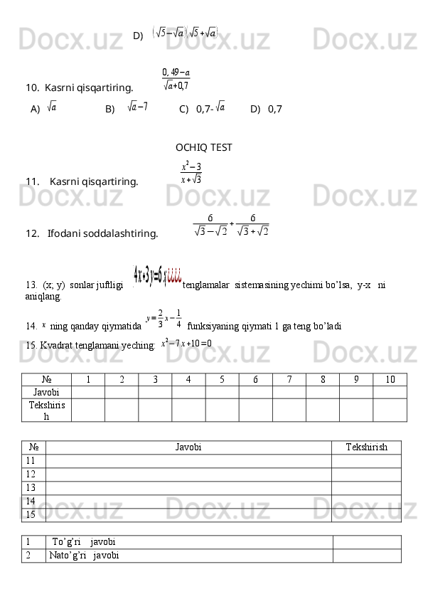                                             D)   (√5−	√а)(√5+√а)   
10.  Kasrni qisqartiring.          	
0,49	−а	
√а+0,7  
  A)  	
√а                   B)    	√а−7            C)   0,7-	√а          D)   0,7
                                                          OCHIQ TEST
11.    Kasrni qisqartiring.               	
х2−	3	
х+√3
12.   Ifodani soddalashtiring.            	
6	
√3−	√2
+	6	
√3+√2
13.  (x; y)  sonlar juftligi   	
{4х+3у=6ҳ¿¿¿¿ tenglamalar  sistemasining yechimi bo’lsa,  y-x   ni  
aniqlang.    
14. 	
x  ning qanday qiymatida 	y=	2
3x−	1
4  funksiyaning qiymati 1 ga teng bo’ladi 
15.  Kvadrat  tenglamani yeching: 	
x2−7x+10	=0
№ 1 2 3 4 5 6 7 8 9 10
Javobi
Tekshiris
h
№ Javobi Tekshirish
11
12
13
14
15
1  To’g’ri    javobi
2 Nato’g’ri   javobi 