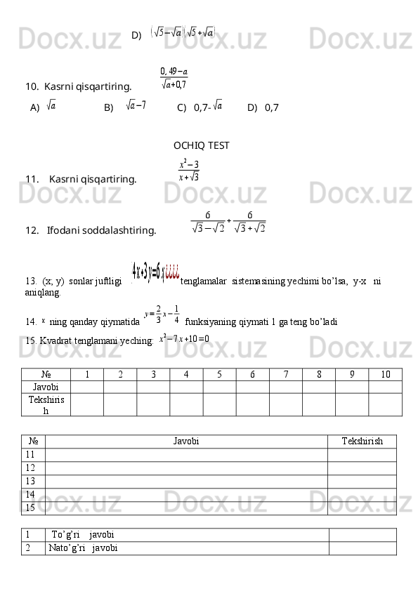 D)   (√5−	√а)(√5+√а)   
10.  Kasrni qisqartiring.          	
0,49	−а	
√а+0,7  
  A)  	
√а                   B)    	√а−7            C)   0,7-	√а          D)   0,7
                                                          OCHIQ TEST
11.    Kasrni qisqartiring.               	
х2−	3	
х+√3
12.   Ifodani soddalashtiring.            	
6	
√3−	√2
+	6	
√3+√2
13.  (x; y)  sonlar juftligi   	
{4х+3у=6ҳ¿¿¿¿ tenglamalar  sistemasining yechimi bo’lsa,  y-x   ni  
aniqlang.    
14. 	
x  ning qanday qiymatida 	y=	2
3x−	1
4  funksiyaning qiymati 1 ga teng bo’ladi 
15.  Kvadrat  tenglamani yeching: 	
x2−7x+10	=0
№ 1 2 3 4 5 6 7 8 9 10
Javobi
Tekshiris
h
№ Javobi Tekshirish
11
12
13
14
15
1  To’g’ri    javobi
2 Nato’g’ri   javobi