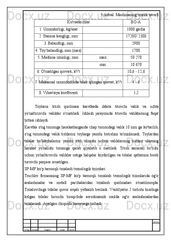 5-jadval. Mashinaning texnik tavsifi
Ko'rsatkichlar BO-A
1. Unumdorligi, kg/soat 1000 gacha
2. Stanina kengligi, mm 1720G’2300
3. Balandligi, mm 2900
4. Toy balandligi, mm (max) 1700
5. Mashina uzunligi, mm: max 50 270
min 10 670
6. O'rnatilgan quvvati, kVt 10,6 - 12,6
7. Maksimal unumdorlikda talab qilingan quvvat, kVt 4 - 6
8. Vibratsiya koefitsenti 1,2
Toylarni   titish   qurilmasi   karetkada   ikkita   tituvchi   valik   va   uchta
yo'naltiruvchi   valiklar   o'rnatiladi.   Ishlash   jarayonida   tituvchi   valiklarning   faqat
bittasi ishlaydi.
Karetka o'ng tomonga harakatlanganda chap tomondagi valik 10 mm ga ko'tarilib,
o'ng   tomondagi   valik   tishlarini   toylarga   yaxshi   botishini   ta'minlanadi.   Toylardan
tolalar   bo'lakchalarini   yaxshi   titib   olinishi   uchun   valiklarning   tishlari   ularning
harakat   yo'nalishi   tomonga   qarab   qiyalatib   o   rnatiladi.   Titish   samarali   bo'lishi
uchun yo'naltiruvchi valiklar ustiga halqalar kiydirilgan va tolalar qatlamini bosib
turuvchi panjara ornatilgan.
SP-MF ko'p tarmoqli tozalash texnologik tizimlari
Truchler   firmasining   SP-MF   ko'p   tarmoqli   tozalash   texnologik   tizimlarida   og'ir
aralashmalar   va   metall   parchalaridan   tozalash   qurilmalari   o'rnatilmoqda.
Tozalovchiga tolalar quvur orqali yetkazib beriladi. Ventilyator 2 tortishi hisobiga
kelgan   tolalar   birinchi   bosqichda   aerodinamik   usulda   og'ir   aralashmalardan
tozalanadi. Ajralgan chiqindii kameraga tushadi.
O’zg varaq H ujjat Imzo Sana varaq