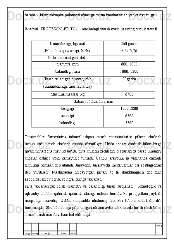 barabani bilan shlyapka polotnosi o'rtasiga to'rtta harakatsiz shlyapka o'rnatilgan.
9-jadval. TRUTZSCNLER TC-11 markadagi tarash mashinasining texnik tavsifi
Unumdorligi, kg/soat 260 gacha
Pilta chiziqli zichligi, kteks 3,57-5,26
Pilta taxlanadigan idish
diametri, mm 600, 1000
balandligi, mm 1000, 1200
Talab etiladigan quvvat, kVt 20gacha
(unumdorlikga mos ravishda)
Mashina massasi, kg 6700
Gabarit o'lchamlari, mm
kengligi 1700-2800
uzunligi 6360
balandligi 3360
Ttrutzschler   firmasining   takomillashgan   tarash   mashinalarida   piltani   cho'zish
uchun   ko'p   zonali   cho'zish   asbobi   o'rnatilgan.   Unda   asosiy   cho'zish   bilan   birga
qo'shimcha zona mavjud bo'lib, pilta chiziqli zichligini o'zgarishiga qarab umumiy
chozish   oshirib   yoki   kamaytirib   turiladi.   Ushbu   jarayonni   ip   yigirishda   chiziqli
zichlikni  rostlash  deb  ataladi.  Jarayonni   bajaruvchi  mexanizmlar  esa   rostlagichlar
deb   yuritiladi.   Mashinadan   chiqayotgan   piltani   to   la   shakklangach   cho   zish
asbobida ishlov berib, so'ngra idishga taxlanadi.
Pilta   taxlanadigan   idish   diametri   va   balandligi   bilan   farqlanadi.   Texnologik   va
iqtisodiy talablar qatorida   qatorida idishga imkoni boricha ko proq piltani joylash
maqsadga   muvofiq.   Ushbu   maqsadda   idishning   diametri   tobora   kattalashtirilib
borilmoqda. Shu bilan birga pilta to lgan idishni avtomatik tarzda bo’sh idish bilan
almashtirish masalasi ham hal etilmoqda.
O’zg varaq H ujjat Imzo Sana varaq