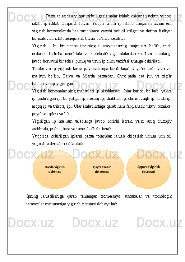                    Paxta tolasidan yuqori sifatli gazlamalar ishlab chiqarish uchun yuqori
sifatli   ip   ishlab   chiqarish   lozim.   Yuqori   sifatli   ip   ishlab   chiqarish   uchun   esa
yigirish  korxonalarida  har  tomonlama  yaxshi   tashkil   etilgan va  doimo faoliyat
ko‘rsatuvchi  sifat menejmenti tizimi  bo‘lishi kerakdir.
Yigirish   -   bu   bir   necha   texnologik   jarayonlarning   majmuasi   bo’lib,   unda
nisbatan   turlicha   uzunlikda   va   notekislikdagi   tolalardan   ma`lum   talablarga
javob beruvchi bir tekis, pishiq va uzun ip olish vazifasi amalga oshiriladi.
Tolalardan   ip   yigirish   tarixi   juda   qadimga   borib   taqaladi   ya’ni   tosh   davridan
ma`lum   bo’lib,   Osiyo   va   Misrda   paxtadan,   Ovro’pada   esa   jun   va   zig’ir
tolalaridan ip yigirilgan.
Yigirish  korxonalarining mahsuloti  ip hisoblanadi.  Iplar  har  xil  bo’ladi:  yakka
ip, pishitilgan ip, bo’yalgan ip, melanj ip, shakldor ip, chirmovuqli ip, tanda ip,
arqoq ip va trikotaj ipi. Ular ishlatilishiga qarab ham farqlanadi: tikuv, texnika,
poyabzal iplari va h.k.  
Yigirilgan   ip   ma`lum   talablarga   javob   berishi   kerak,   ya`ni   aniq   chiziqiy
zichlikda, pishiq, toza va ravon bo’lishi kerak. 
Yuqorida   keltirilgan   iplarni   paxta   tolasidan   ishlab   chiqarish   uchun   uch   xil
yigirish sistemalari ishlatiladi.
Ipning   ishlatilishiga   qarab   tanlangan   xom-ashyo,   uskunalar   va   texnologik
jarayonlar majmuasiga  yigirish sitemasi  deb aytiladi. Karda yigirish
sistemasi Qayta tarash
sistyemasi Apparat  yigirish
sistemasi 