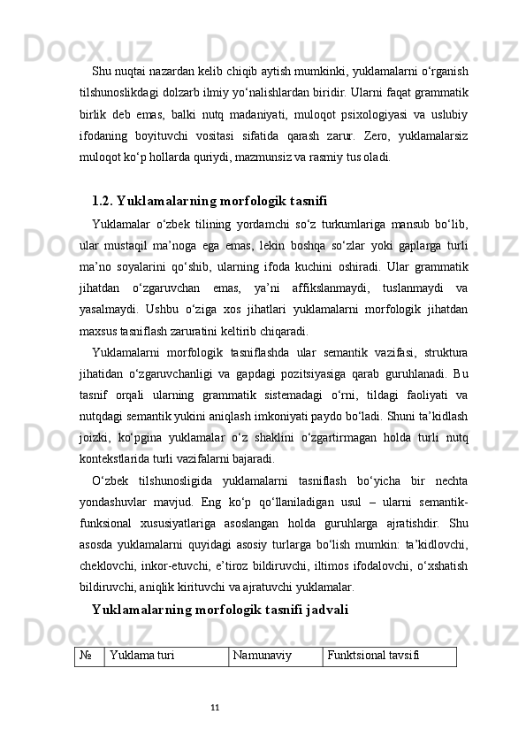 11Shu nuqtai nazardan kelib chiqib aytish mumkinki, yuklamalarni o‘rganish
tilshunoslikdagi dolzarb ilmiy yo‘nalishlardan biridir. Ularni faqat grammatik
birlik   deb   emas,   balki   nutq   madaniyati,   muloqot   psixologiyasi   va   uslubiy
ifodaning   boyituvchi   vositasi   sifatida   qarash   zarur.   Zero,   yuklamalarsiz
muloqot ko‘p hollarda quriydi, mazmunsiz va rasmiy tus oladi.
1.2. Yuklamalarning morfologik tasnifi
Yuklamalar   o‘zbek   tilining   yordamchi   so‘z   turkumlariga   mansub   bo‘lib,
ular   mustaqil   ma’noga   ega   emas,   lekin   boshqa   so‘zlar   yoki   gaplarga   turli
ma’no   soyalarini   qo‘shib,   ularning   ifoda   kuchini   oshiradi.   Ular   grammatik
jihatdan   o‘zgaruvchan   emas,   ya’ni   affikslanmaydi,   tuslanmaydi   va
yasalmaydi.   Ushbu   o‘ziga   xos   jihatlari   yuklamalarni   morfologik   jihatdan
maxsus tasniflash zaruratini keltirib chiqaradi.
Yuklamalarni   morfologik   tasniflashda   ular   semantik   vazifasi,   struktura
jihatidan   o‘zgaruvchanligi   va   gapdagi   pozitsiyasiga   qarab   guruhlanadi.   Bu
tasnif   orqali   ularning   grammatik   sistemadagi   o‘rni,   tildagi   faoliyati   va
nutqdagi semantik yukini aniqlash imkoniyati paydo bo‘ladi. Shuni ta’kidlash
joizki,   ko‘pgina   yuklamalar   o‘z   shaklini   o‘zgartirmagan   holda   turli   nutq
kontekstlarida turli vazifalarni bajaradi.
O‘zbek   tilshunosligida   yuklamalarni   tasniflash   bo‘yicha   bir   nechta
yondashuvlar   mavjud.   Eng   ko‘p   qo‘llaniladigan   usul   –   ularni   semantik-
funksional   xususiyatlariga   asoslangan   holda   guruhlarga   ajratishdir.   Shu
asosda   yuklamalarni   quyidagi   asosiy   turlarga   bo‘lish   mumkin:   ta’kidlovchi,
cheklovchi,   inkor-etuvchi,   e’tiroz   bildiruvchi,   iltimos   ifodalovchi,   o‘xshatish
bildiruvchi, aniqlik kirituvchi va ajratuvchi yuklamalar.
Yuklamalarning morfologik tasnifi jadvali
№ Yuklama turi Namunaviy  Funktsional tavsifi 