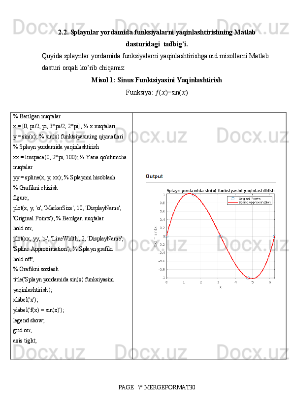 2.2. Splaynlar yordamida funksiyalarni yaqinlashtirishning Matlab
dasturidagi  tadbig’i. 
Quyida splaynlar yordamida funksiyalarni yaqinlashtirishga oid misollarni Matlab 
dasturi orqali ko’rib chiqamiz: 
Misol 1: Sinus Funktsiyasini Yaqinlashtirish
Funksiya:  ?????? ( ?????? )=sin( ?????? )
% Berilgan nuqtalar
x = [0, pi/2, pi, 3*pi/2, 2*pi]; % x nuqtalari
y = sin(x); % sin(x) funktsiyasining qiymatlari
% Splayn yordamida yaqinlashtirish
xx = linspace(0, 2*pi, 100); % Yana qo'shimcha 
nuqtalar
yy = spline(x, y, xx); % Splaynni hisoblash
% Grafikni chizish
figure;
plot(x, y, 'o', 'MarkerSize', 10, 'DisplayName', 
'Original Points'); % Berilgan nuqtalar
hold on;
plot(xx, yy, 'r-', 'LineWidth', 2, 'DisplayName', 
'Spline Approximation'); % Splayn grafiki
hold off;
% Grafikni sozlash
title('Splayn yordamida sin(x) funksiyasini 
yaqinlashtirish');
xlabel('x');
ylabel('f(x) = sin(x)');
legend show;
grid on;
axis tight;
PAGE   \* MERGEFORMAT30 
