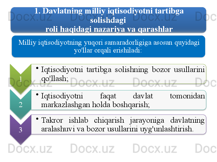 1.  Davlatning   milliy   iqtisodiyotni   tartibga  
solishdagi  
roli   haqidagi   nazariya   va   qarashlar
1 •
Iqtisodiyotni   tartibga   solishning   bozor   usullarini  
qo'llash ; 
2 •
Iqtisodiyotni   faqat   davlat   tomonidan  
markazlashgan   holda   boshqarish ; 
3 •
Takror   ishlab   chiqarish   jarayoniga   davlatning  
aralashuvi   va   bozor   usullarini   uyg'unlashtirish . Milliy   iqtisodiyotning   yuqori   samaradorligiga   asosan   quyidagi  
yo'llar   orqali   erishiladi :             