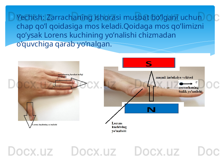 
Yechish: Zarrachaning ishorasi musbat bo’lgani uchun 
chap qo’l qoidasiga mos keladi.Qoidaga mos qo’limizni 
qo’ysak Lorens kuchining yo’nalishi chizmadan 
o’quvchiga qarab yo’nalgan.   