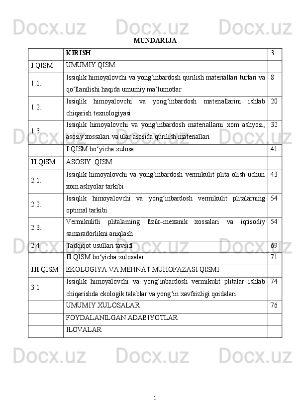 MUNDARIJA
KIRISH 3
I  QISM UMUMIY QISM
1.1 . Issiqlik   himoyalovchi   va   yong ʻ inbardosh   qurilish   materiallari   turlari   va
qo ʻ llanilishi   haqida   umumiy   ma ’ lumotlar 8
1.2 . Issiqlik   himoyalovchi   va   yong inbardosh   materiallarini   ishlabʻ
chiqarish texnologiyasi 20
1.3 . Issiqlik   himoyalovchi   va   yong inbardosh   materiallarni   xom   ashyosi,	
ʻ
asosiy xossalari va ular asosida qurilish materiallari 32
I   QISM  bo yicha xulos	
ʻ a 41
II   QISM. ASOSIY  QISM
2 . 1. Issiqlik   himoyalovchi   va   yong inbardosh   vermikulit   plita   olish   uchun	
ʻ
xom ashyolar tarkibi 43
2 .2. Issiqlik   himoyalovchi   va   yong inbardosh   vermikulit   plitalarning	
ʻ
optimal tarkibi 54
2 .3. Vermikulitli   plitalarning   fizik–mexanik   xossalari   va   iqtisodiy
samaradorlikni aniqlash 54
2.4 Tadqiqot usullari tavsifi 69
II  QISM  bo yicha xulosalar 	
ʻ 71
II I  QISM. EKOLOGIYA VA MEHNAT MUHOFAZASI QISMI
3.1 Issiqlik   himoyalovchi   va   yong inbardosh   vermikulit   plitalar   ishlab	
ʻ
chiqarishda ekologik talablar va yong in xavfsizligi qoidalari	
ʻ 74
UMUMIY XULOSALA R 76
FOYDALANILGAN ADABIYOTLAR 
ILOVALAR
1 