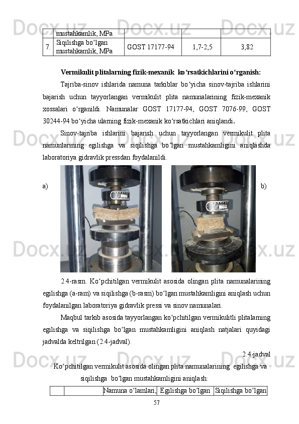 mustahkamlik, MPa 
7.  Siqilishga bo lgan ʻ
mustahkamlik, MPa  GOST 17177-94  1,7-2,5 3,82
Vermikulit plitalarning fizik-mexanik  ko rsatkichlarini o rganish:	
ʻ ʻ
Tajriba-sinov   ishlarida   namuna   tarkiblar   bo yicha   sinov-tajriba   ishlarini
ʻ
bajarish   uchun   tayyorlangan   vermikulit   plita   namunalarining   fizik-mexanik
xossalari   o rganildi.   Namunalar   GOST   17177-94,   GOST   7076-99,   GOST	
ʻ
30244-94 bo yicha ularning fizik-mexanik ko rsatkichlari aniqlandi
ʻ ʻ . 
Sinov-tajriba   ishlarini   bajarish   uchun   tayyorlangan   vermikulit   plita
namunlarining   egilishga   va   siqilishga   bo lgan   mustahkamligini   aniqlashda	
ʻ
laboratoriya gidravlik pressdan foydalanildi. 
 
a) b)  
2.4-rasm.   Ko pchitilgan   vermikulit   asosida   olingan   plita   namunalarining	
ʻ
egilishga (a-ram) va siqilishga (b-rasm) bo lgan mustahkamligini aniqlash uchun	
ʻ
foydalanilgan laboratoriya gidravlik pressi va sinov namunalari.
Maqbul tarkib asosida tayyorlangan ko pchitilgan vermikulitli plitalarning	
ʻ
egilishga   va   siqilishga   bo lgan   mustahkamligini   aniqlash   natjalari   quyidagi	
ʻ
jadvalda keltrilgan (2.4-jadval). 
2.4-jadval
Ko pchitilgan vermikulit asosida olingan plita namunalarining  egilishga va	
ʻ
siqilishga  bo lgan mustahkamligini aniqlash	
ʻ :
 
Namuna o lamlari,	
ʻ Egilishga bo lgan 	ʻ Siqilishga bo lgan 	ʻ
57 