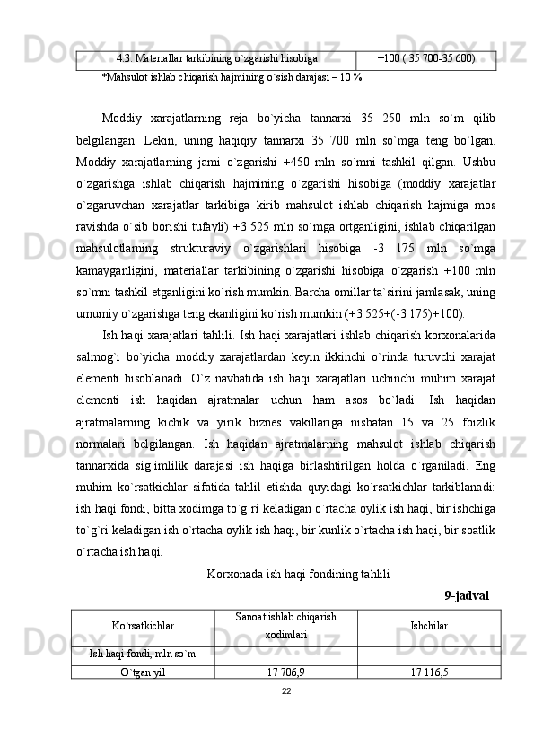 4.3. Materiallar tarkibining o`zgarishi hisobiga +100 ( 35 700-35 600)
*Mahsulot ishlab chiqarish hajmining o`sish darajasi – 10 %
Moddiy   xarajatlarning   reja   bo`yicha   tannarxi   35   250   mln   so`m   qilib
belgilangan.   Lekin,   uning   haqiqiy   tannarxi   35   700   mln   so`mga   teng   bo`lgan.
Moddiy   xarajatlarning   jami   o`zgarishi   +450   mln   so`mni   tashkil   qilgan.   Ushbu
o`zgarishga   ishlab   chiqarish   hajmining   o`zgarishi   hisobiga   (moddiy   xarajatlar
o`zgaruvchan   xarajatlar   tarkibiga   kirib   mahsulot   ishlab   chiqarish   hajmiga   mos
ravishda  o`sib borishi  tufayli)  +3 525 mln so`mga ortganligini, ishlab chiqarilgan
mahsulotlarning   strukturaviy   o`zgarishlari   hisobiga   -3   175   mln   so`mga
kamayganligini,   materiallar   tarkibining   o`zgarishi   hisobiga   o`zgarish   +100   mln
so`mni tashkil etganligini ko`rish mumkin. Barcha omillar ta`sirini jamlasak, uning
umumiy o`zgarishga teng ekanligini ko`rish mumkin (+3 525+(-3 175)+100).
Ish haqi   xarajatlari   tahlili. Ish  haqi  xarajatlari  ishlab  chiqarish  korxonalarida
salmog`i   bo`yicha   moddiy   xarajatlardan   keyin   ikkinchi   o`rinda   turuvchi   xarajat
elementi   hisoblanadi.   O`z   navbatida   ish   haqi   xarajatlari   uchinchi   muhim   xarajat
elementi   ish   haqidan   ajratmalar   uchun   ham   asos   bo`ladi.   Ish   haqidan
ajratmalarning   kichik   va   yirik   biznes   vakillariga   nisbatan   15   va   25   foizlik
normalari   belgilangan.   Ish   haqidan   ajratmalarning   mahsulot   ishlab   chiqarish
tannarxida   sig`imlilik   darajasi   ish   haqiga   birlashtirilgan   holda   o`rganiladi.   Eng
muhim   ko`rsatkichlar   sifatida   tahlil   etishda   quyidagi   ko`rsatkichlar   tarkiblanadi:
ish haqi fondi, bitta xodimga to`g`ri keladigan o`rtacha oylik ish haqi, bir ishchiga
to`g`ri keladigan ish o`rtacha oylik ish haqi, bir kunlik o`rtacha ish haqi, bir soatlik
o`rtacha ish haqi.
Korxonada ish haqi fondining tahlili
                                                                                                            9-jadval
Ko`rsatkichlar Sanoat ishlab chiqarish
xodimlari Ishchilar
Ish haqi fondi, mln so`m
O`tgan yil 17 706,9 17 116,5
22 