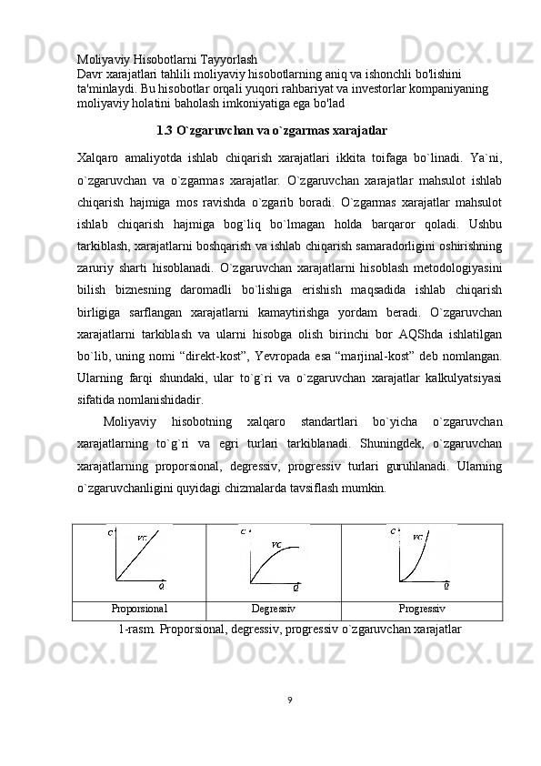 Moliyaviy Hisobotlarni Tayyorlash
Davr xarajatlari tahlili moliyaviy hisobotlarning aniq va ishonchli bo'lishini 
ta'minlaydi. Bu hisobotlar orqali yuqori rahbariyat va investorlar kompaniyaning 
moliyaviy holatini baholash imkoniyatiga ega bo'lad
                          1.3 O`zgaruvchan va o`zgarmas xarajatlar 
Xalqaro   amaliyotda   ishlab   chiqarish   xarajatlari   ikkita   toifaga   bo`linadi.   Ya`ni,
o`zgaruvchan   va   o`zgarmas   xarajatlar.   O`zgaruvchan   xarajatlar   mahsulot   ishlab
chiqarish   hajmiga   mos   ravishda   o`zgarib   boradi.   O`zgarmas   xarajatlar   mahsulot
ishlab   chiqarish   hajmiga   bog`liq   bo`lmagan   holda   barqaror   qoladi.   Ushbu
tarkiblash, xarajatlarni boshqarish va ishlab chiqarish samaradorligini oshirishning
zaruriy   sharti   hisoblanadi.   O`zgaruvchan   xarajatlarni   hisoblash   metodologiyasini
bilish   biznesning   daromadli   bo`lishiga   erishish   maqsadida   ishlab   chiqarish
birligiga   sarflangan   xarajatlarni   kamaytirishga   yordam   beradi.   O`zgaruvchan
xarajatlarni   tarkiblash   va   ularni   hisobga   olish   birinchi   bor   AQShda   ishlatilgan
bo`lib,   uning   nomi   “direkt-kost”,   Yevropada   esa   “marjinal-kost”   deb   nomlangan.
Ularning   farqi   shundaki,   ular   to`g`ri   va   o`zgaruvchan   xarajatlar   kalkulyatsiyasi
sifatida nomlanishidadir. 
Moliyaviy   hisobotning   xalqaro   standartlari   bo`yicha   o`zgaruvchan
xarajatlarning   to`g`ri   va   egri   turlari   tarkiblanadi.   Shuningdek,   o`zgaruvchan
xarajatlarning   proporsional,   degressiv,   progressiv   turlari   guruhlanadi.   Ularning
o`zgaruvchanligini quyidagi chizmalarda tavsiflash mumkin.
Proporsional Degressiv Progressiv
1-rasm. Proporsional, degressiv, progressiv o`zgaruvchan xarajatlar
9