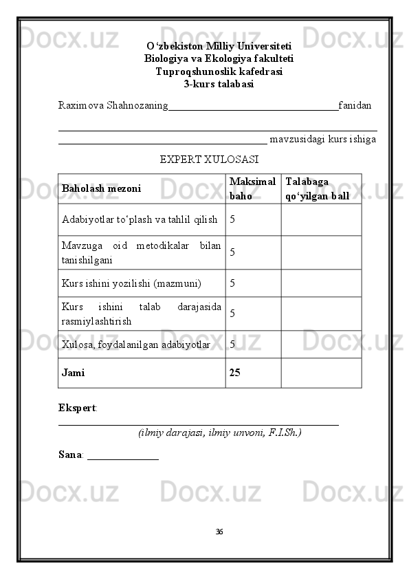 O‘zbekiston Milliy Universiteti
Biologiya va Ekologiya fakulteti
Tuproqshunoslik kafedrasi
3-kurs talabasi
Raximova Shahnozaning_______________________________fanidan
__________________________________________________________
______________________________________   mavzusidagi kurs ishiga
                                     EXPERT XULOSASI
Baholash mezoni Maksimal
baho Talabaga
qo‘yilgan ball
Adabiyotlar to‘plash va tahlil qilish 5
Mavzuga   oid   metodikalar   bilan
tanishilgani 5
Kurs ishini yozilishi (mazmuni) 5
Kurs   ishini   talab   darajasida
rasmiylashtirish 5
Xulosa, foydalanilgan adabiyotlar 5
Jami 25
Ekspert :
___________________________________________________ 
                              (ilmiy darajasi, ilmiy unvoni, F.I.Sh.)
Sana : _____________
36 