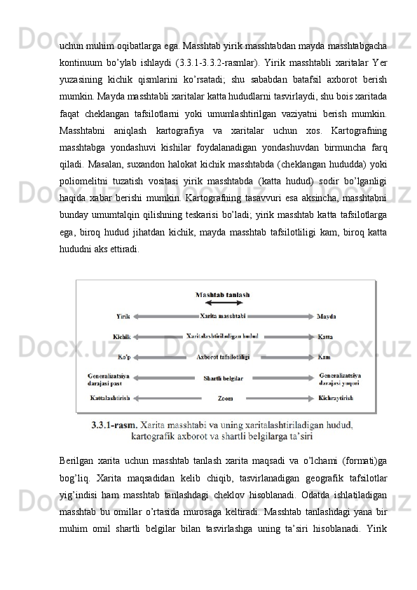 uchun muhim oqibatlarga ega. Masshtab yirik masshtabdan mayda masshtabgacha
kontinuum   bo’ylab   ishlaydi   (3.3.1-3.3.2-rasmlar).   Yirik   masshtabli   xaritalar   Yer
yuzasining   kichik   qismlarini   ko’rsatadi;   shu   sababdan   batafsil   axborot   berish
mumkin. Mayda masshtabli xaritalar katta hududlarni tasvirlaydi, shu bois xaritada
faqat   cheklangan   tafsilotlarni   yoki   umumlashtirilgan   vaziyatni   berish   mumkin.
Masshtabni   aniqlash   kartografiya   va   xaritalar   uchun   xos.   Kartografning
masshtabga   yondashuvi   kishilar   foydalanadigan   yondashuvdan   birmuncha   farq
qiladi.  Masalan,  suxandon   halokat   kichik  masshtabda  (cheklangan  hududda)  yoki
poliomelitni   tuzatish   vositasi   yirik   masshtabda   (katta   hudud)   sodir   bo’lganligi
haqida   xabar   berishi   mumkin.   Kartografning   tasavvuri   esa   aksincha,   masshtabni
bunday  umumtalqin  qilishning   teskarisi   bo’ladi;  yirik  masshtab   katta  tafsilotlarga
ega,   biroq   hudud   jihatdan   kichik,   mayda   masshtab   tafsilotliligi   kam,   biroq   katta
hududni aks ettiradi.
Berilgan   xarita   uchun   masshtab   tanlash   xarita   maqsadi   va   o’lchami   (formati)ga
bog’liq.   Xarita   maqsadidan   kelib   chiqib,   tasvirlanadigan   geografik   tafsilotlar
yig’indisi   ham   masshtab   tanlashdagi   cheklov   hisoblanadi.   Odatda   ishlatiladigan
masshtab   bu   omillar   o’rtasida   murosaga   keltiradi.   Masshtab   tanlashdagi   yana   bir
muhim   omil   shartli   belgilar   bilan   tasvirlashga   uning   ta’siri   hisoblanadi.   Yirik 