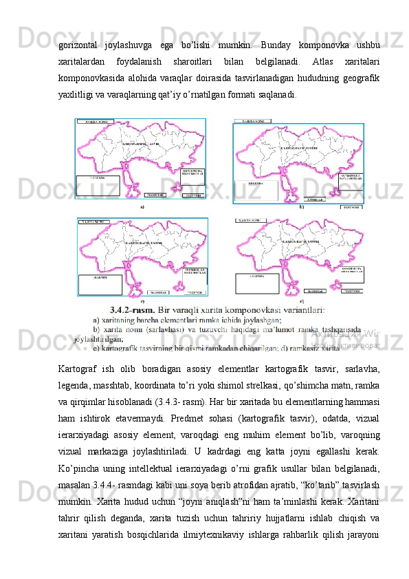 gorizontal   joylashuvga   ega   bo’lishi   mumkin.   Bunday   komponovka   ushbu
xaritalardan   foydalanish   sharoitlari   bilan   belgilanadi.   Atlas   xaritalari
komponovkasida   alohida   varaqlar   doirasida   tasvirlanadigan   hududning   geografik
yaxlitligi va varaqlarning qat’iy o’rnatilgan formati saqlanadi.
Kartograf   ish   olib   boradigan   asosiy   elementlar   kartografik   tasvir,   sarlavha,
legenda, masshtab, koordinata to’ri yoki shimol strelkasi, qo’shimcha matn, ramka
va qirqimlar hisoblanadi (3.4.3- rasm). Har bir xaritada bu elementlarning hammasi
ham   ishtirok   etavermaydi.   Predmet   sohasi   (kartografik   tasvir),   odatda,   vizual
ierarxiyadagi   asosiy   element,   varoqdagi   eng   muhim   element   bo’lib,   varoqning
vizual   markaziga   joylashtiriladi.   U   kadrdagi   eng   katta   joyni   egallashi   kerak.
Ko’pincha   uning   intellektual   ierarxiyadagi   o’rni   grafik   usullar   bilan   belgilanadi,
masalan 3.4.4- rasmdagi kabi uni soya berib atrofidan ajratib, “ko’tarib” tasvirlash
mumkin.   Xarita   hudud   uchun   “joyni   aniqlash”ni   ham   ta’minlashi   kerak.   Xaritani
tahrir   qilish   deganda,   xarita   tuzish   uchun   tahririy   hujjatlarni   ishlab   chiqish   va
xaritani   yaratish   bosqichlarida   ilmiytexnikaviy   ishlarga   rahbarlik   qilish   jarayoni 