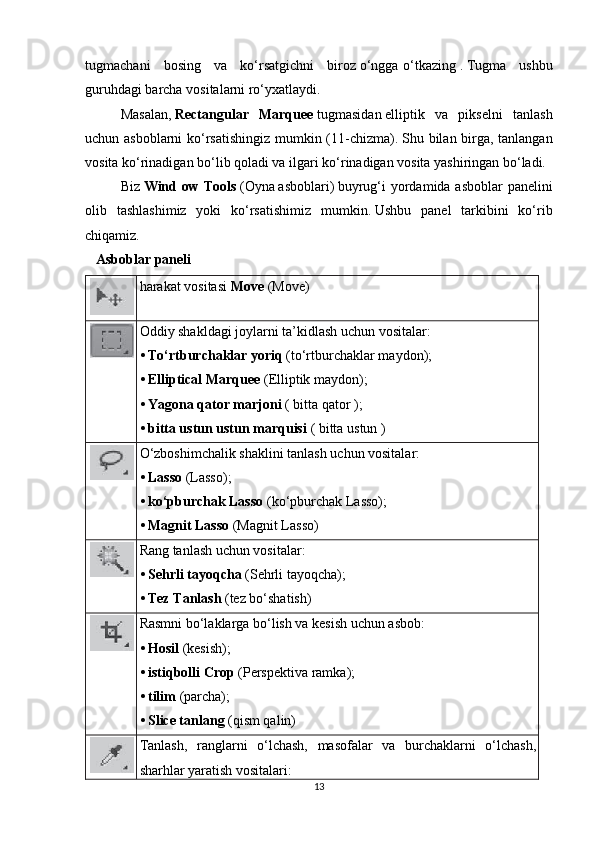 tugmachani   bosing   va   ko‘rsatgichni   biroz   o‘ngga   o‘tkazing   .   Tugma   ushbu
guruhdagi barcha vositalarni ro‘yxatlaydi.
Masalan,   Rectangular   Marquee   tugmasidan   elliptik   va   pikselni   tanlash
uchun asboblarni  ko‘rsatishingiz mumkin (11-chizma).   Shu bilan birga, tanlangan
vosita ko‘rinadigan bo‘lib qoladi va ilgari ko‘rinadigan vosita yashiringan bo‘ladi.
Biz   Wind ow Tools   (Oyna   asboblari)   buyrug‘i yordamida asboblar panelini
olib   tashlashimiz   yoki   ko‘rsatishimiz   mumkin.   Ushbu   panel   tarkibini   ko‘rib
chiqamiz.  
Asboblar paneli
harakat vositasi   Move   (Move)
Oddiy shakldagi joylarni ta’kidlash uchun vositalar:
•   To‘rtburchaklar yoriq   (to‘rtburchaklar maydon);      
•   Elliptical Marquee   (Elliptik maydon);      
•   Yagona qator marjoni   (   bitta   qator   );      
•   bitta ustun ustun marquisi   (   bitta   ustun   )      
O‘zboshimchalik shaklini tanlash uchun vositalar:
•   Lasso   (Lasso);      
•   ko‘pburchak Lasso   (ko‘pburchak Lasso);      
•   Magnit Lasso   (Magnit Lasso)      
Rang tanlash uchun vositalar:
•   Sehrli tayoqcha   (Sehrli tayoqcha);      
•   Tez Tanlash   (tez bo‘shatish)      
Rasmni bo‘laklarga bo‘lish va kesish uchun asbob:
•   Hosil   (kesish);      
•   istiqbolli Crop   (Perspektiva ramka);      
•   tilim   (parcha);      
•   Slice tanlang   (qism qalin)      
Tanlash,   ranglarni   o‘lchash,   masofalar   va   burchaklarni   o‘lchash,
sharhlar yaratish vositalari:
13 