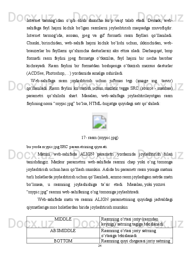 Internet   tarmog‘idan   o‘qib   olish   shuncha   ko‘p   vaqt   talab   etadi.   Demak,   web-
sahifaga   fayl   hajmi   kichik   bo‘lgan   rasmlarni   joylashtirish   maqsadga   muvofiqdir.
Internet   tarmog‘ida,   asosan,   jpeg   va   gif   formatli   rasm   fayllari   qo‘llaniladi.
Chunki,   birinchidan,   web-sahifa   hajmi   kichik   bo‘lishi   uchun,   ikkinchidan,   web-
brauzerlar   bu   fayllarni   qo‘shimcha   dasturlarsiz   aks   ettira   oladi.   Darhaqiqat,   bmp
formatli   rasm   faylini   jpeg   formatga   o‘tkazilsa,   fayl   hajmi   bir   necha   barobar
kichrayadi.   Rasm   faylini   bir   formatdan   boshqasiga   o‘tkazish   maxsus   dasturlar
(ACDSee,   Photoshop,…) yordamida amalga oshiriladi.
Web-sahifaga   rasm   joylashtirish   uchun   juftmas   tegi   (image   ing.   tasvir)
qo‘llaniladi. Rasm  faylini  ko‘rsatish  uchun mazkur  tegga SRC  (source - manbaa)
parametri   qo‘shilishi   shart.   Masalan,   web-sahifaga   joylashtirilayotgan   rasm
faylining nomi “mypic.jpg” bo‘lsa, HTML-hujjatga quyidagi satr qo‘shiladi:
17-  rasm  (mypic.jpg)
bu yerda mypic.jpg SRC parametrining qiymati .  
Matnni   web-sahifada   ALIGN   parametri   yordamida   joylashtirish   bilan
tanishdingiz.   Mazkur   parametrni   web-sahifada   rasmni   chap   yoki   o‘ng   tomonga
joylashtirish uchun ham qo‘llash mumkin. Aslida bu parametr rasm yoniga matnni
turli holatlarda joylashtirish uchun qo‘llaniladi, ammo rasm joylashgan satrda matn
bo‘lmasa,   u   rasmning   joylashishiga   ta’sir   etadi.   Masalan,   yoki   yozuvi
“mypic.jpg” rasmni web-sahifaning o‘ng tomoniga joylashtiradi.
Web-sahifada   matn   va   rasmni   ALIGN   parametrining   quyidagi   jadvaldagi
qiymatlariga mos holatlardan birida joylashtirish mumkin:
MIDDLE Rasmning o‘rtasi joriy (rasmdan 
keyingi)   satrning tagiga tekislanadi
ABSMIDDLE Rasmning o‘rtasi joriy satrning 
o‘rtasiga tekislanadi
BOTTOM Rasmning quyi chegarasi joriy satrning
24 