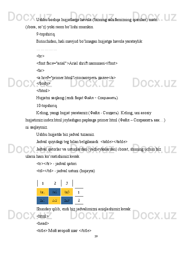 Ushbu boshqa hujjatlarga havola (bizning sahifamizning qismlari) matn 
(ibora, so‘z) yoki rasm bo‘lishi mumkin.
9-topshiriq.
Birinchidan, hali mavjud bo‘lmagan hujjatga havola yarataylik:
……………
<br>
<font face="arial">Arial shrift namunasi</font>
<br>
<a href="primer.html"> посмотреть   далее </a>
</body>
</html>
Hujjatni saqlang (endi faqat  Файл  –  Сохранить ).
10-topshiriq.
Keling, yangi hujjat yaratamiz ( Файл  -  Создать ). Keling, uni asosiy 
hujjatimiz index.html joylashgan papkaga  primer.html ( Файл  –  Сохранить   как …)
ni saqlaymiz.
Ushbu hujjatda biz jadval tuzamiz.
Jadval quyidagi teg bilan belgilanadi: <table></table>
Jadval qatorlar va ustunlardan (yacheykalardan) iborat, shuning uchun biz 
ularni ham ko‘rsatishimiz kerak.
<tr></tr> - jadval qatori
<td></td> - jadval ustuni (hujayra)
Shunday qilib, endi biz jadvalimizni aniqlashimiz kerak:
<html>
<head>
<title>   Мой   второй   шаг   </title>
39 