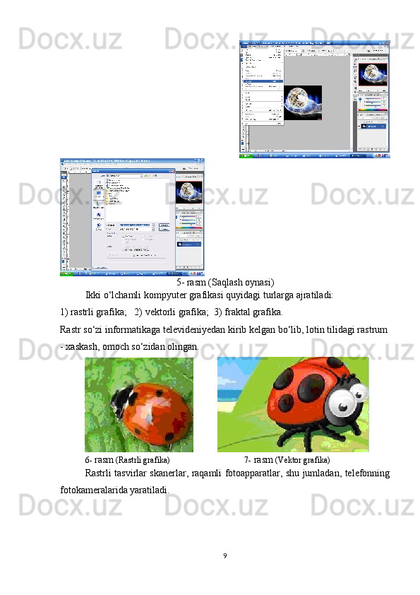        
5- rasm (Saqlash oynasi)
Ikki o‘lchamli kompyuter grafikasi quyidagi turlarga ajratiladi:
1) rastrli grafika;   2) vektorli grafika;  3) fraktal grafika.
Rastr so‘zi informatikaga televideniyedan kirib kelgan bo‘lib, lotin tilidagi rastrum
- xaskash, omoch so‘zidan olingan. 
                   
6-  rasm  (Rastrli grafika)                                    7-  rasm  (Vektor grafika)
Rastrli tasvirlar skanerlar, raqamli fotoapparatlar, shu jumladan, telefonning
fotokameralarida yaratiladi.
9 