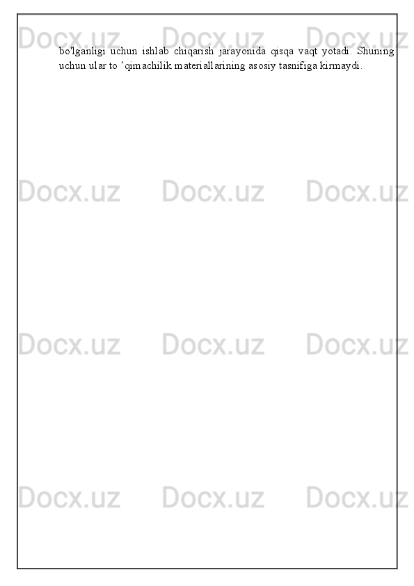 bo'lganligi   uchun   ishlab   chiqarish   jarayonida   qisqa   vaqt   yotadi.   Shuning
uchun ular to ‘qimachilik materiallarining asosiy tasnifiga kirmaydi.