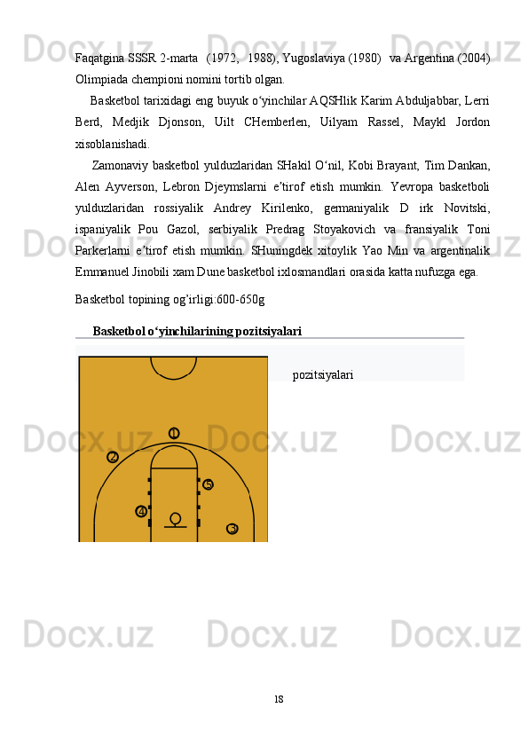 Faqatgina   SSSR   2-marta   (1972,   1988),   Yugoslaviya   (1980)   va   Argentina   (2004)
Olimpiada chempioni nomini tortib olgan.
      Basketbol tarixidagi eng buyuk o yinchilar AQSHlik Karim Abduljabbar, Lerriʻ
Berd,   Medjik   Djonson,   Uilt   CHemberlen,   Uilyam   Rassel,   Maykl   Jordon
xisoblanishadi. 
       Zamonaviy basketbol  yulduzlaridan SHakil O nil, Kobi Brayant, Tim Dankan,	
ʻ
Alen   Ayverson,   Lebron   Djeymslarni   e tirof   etish   mumkin.   Yevropa   basketboli	
ʼ
yulduzlaridan   rossiyalik   Andrey   Kirilenko,   germaniyalik   D   irk   Novitski,
ispaniyalik   Pou   Gazol,   serbiyalik   Predrag   Stoyakovich   va   fransiyalik   Toni
Parkerlarni   e tirof   etish   mumkin.   SHuningdek   xitoylik   Yao   Min   va   argentinalik	
ʼ
Emmanuel Jinobili xam Dune basketbol ixlosmandlari orasida katta nufuzga ega.
Basketbol topining og’irligi:600-650g
Basketbol o yinchilarining pozitsiyalari	
ʻ
pozitsiyalari
18