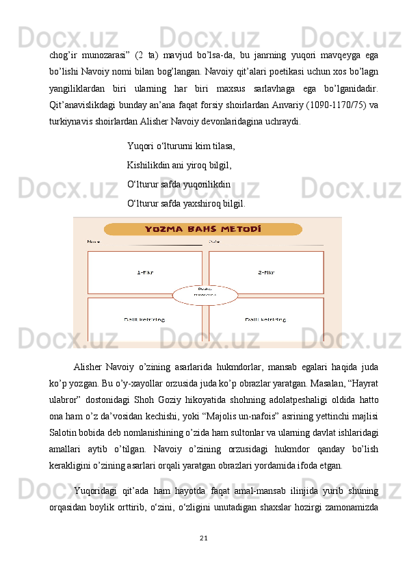 chog’ir   munozarasi”   (2   ta)   mavjud   bo’lsa-da,   bu   janrning   yuqori   mavqeyga   ega
bo’lishi Navoiy nomi bilan bog’langan. Navoiy qit’alari poetikasi uchun xos bo’lagn
yangiliklardan   biri   ularning   har   biri   maxsus   sarlavhaga   ega   bo’lganidadir.
Qit’anavislikdagi bunday an’ana faqat forsiy shoirlardan Anvariy (1090-1170/75) va
turkiynavis shoirlardan Alisher Navoiy devonlaridagina uchraydi. 
Yuqori o‘ltururni kim tilasa, 
Kishilikdin ani yiroq bilgil, 
O‘lturur safda yuqorilikdin 
O‘lturur safda yaxshiroq bilgil. 
Alisher   Navoiy   o’zining   asarlarida   hukmdorlar,   mansab   egalari   haqida   juda
ko’p yozgan. Bu o’y-xayollar orzusida juda ko’p obrazlar yaratgan. Masalan, “Hayrat
ulabror”   dostonidagi   Shoh   Goziy   hikoyatida   shohning   adolatpeshaligi   oldida   hatto
ona ham o’z da’vosidan kechishi, yoki “Majolis un-nafois” asrining yettinchi majlisi
Salotin bobida deb nomlanishining o’zida ham sultonlar va ularning davlat ishlaridagi
amallari   aytib   o’tilgan.   Navoiy   o’zining   orzusidagi   hukmdor   qanday   bo’lish
kerakligini o’zining asarlari orqali yaratgan obrazlari yordamida ifoda etgan. 
Yuqoridagi   qit’ada   ham   hayotda   faqat   amal-mansab   ilinjida   yurib   shuning
orqasidan  boylik  orttirib,  o‘zini,  o‘zligini   unutadigan  shaxslar   hozirgi  zamonamizda
21 