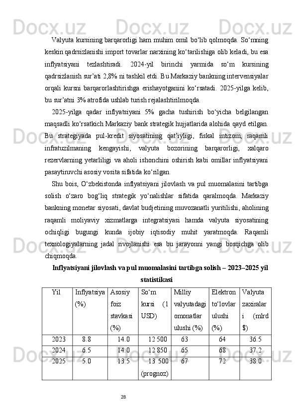 28Valyuta kursining barqarorligi ham muhim omil bo‘lib qolmoqda. So‘mning
keskin qadrsizlanishi import tovarlar narxining ko‘tarilishiga olib keladi, bu esa
inflyatsiyani   tezlashtiradi.   2024-yil   birinchi   yarmida   so‘m   kursining
qadrsizlanish sur’ati 2,8% ni tashkil etdi. Bu Markaziy bankning intervensiyalar
orqali   kursni   barqarorlashtirishga   erishayotganini   ko‘rsatadi.   2025-yilga   kelib,
bu sur’atni 3% atrofida ushlab turish rejalashtirilmoqda.
2025-yilga   qadar   inflyatsiyani   5%   gacha   tushirish   bo‘yicha   belgilangan
maqsadli ko‘rsatkich Markaziy bank strategik hujjatlarida alohida qayd etilgan.
Bu   strategiyada   pul-kredit   siyosatining   qat’iyligi,   fiskal   intizom,   raqamli
infratuzilmaning   kengayishi,   valyuta   bozorining   barqarorligi,   xalqaro
rezervlarning   yetarliligi   va   aholi   ishonchini   oshirish   kabi   omillar   inflyatsiyani
pasaytiruvchi asosiy vosita sifatida ko‘rilgan.
Shu   bois,   O‘zbekistonda   inflyatsiyani   jilovlash   va   pul   muomalasini   tartibga
solish   o‘zaro   bog‘liq   strategik   yo‘nalishlar   sifatida   qaralmoqda.   Markaziy
bankning monetar siyosati, davlat budjetining muvozanatli yuritilishi, aholining
raqamli   moliyaviy   xizmatlarga   integratsiyasi   hamda   valyuta   siyosatining
ochiqligi   bugungi   kunda   ijobiy   iqtisodiy   muhit   yaratmoqda.   Raqamli
texnologiyalarning   jadal   rivojlanishi   esa   bu   jarayonni   yangi   bosqichga   olib
chiqmoqda.
Inflyatsiyani jilovlash va pul muomalasini tartibga solish – 2023–2025 yil
statistikasi
Yil Inflyatsiya
(%) Asosiy
foiz
stavkasi
(%) So‘m
kursi   (1
USD) Milliy
valyutadagi
omonatlar
ulushi (%) Elektron
to‘lovlar
ulushi
(%) Valyuta
zaxiralar
i   (mlrd
$)
2023 8.8 14.0 12 500 63 64 36.5
2024 6.5 14.0 12 850 65 68 37.2
2025 5.0 13.5 13   500
(prognoz) 67 72 38.0