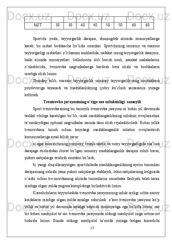 MJT 30 30 40 40 50 50 60 60
Sportchi   yoshi,   tayyorgarlik   darajasi,   shuningdek   aloxida   xususiyatlariga
karab,   bu   nisbat   boshkacha   bo’lishi   mumkin.   Sportchining   umumiy   va   maxsus
tayyorgarligi nisbatlari o’lchamini aniklashda, nafakat uning tayyorgarlik darajsini,
balki   aloxida   xususiyatlari:   bellashuvni   olib   borish   usuli,   xarakat   malakalarini
o’zlashtirishi,   trenirovka   nagruzkalariga   bardosh   bera   olishi   va   boshkalarni
xisobga olish lozim.
Shunday   kilib,   maxsus   tayyorgarlik   umumiy   tayyorgarlik-ning   mustaxkam
poydevoriga   tayanadi   va   mashklanlikning   ijobiy   ko’chish   samarasini   yuzaga
keltiradi.
Trenirovka jarayonining o’ziga xos uzluksizligi  tamoyili
Sport trenirovkasining bu tamoyili trenirovka jarayoni-ni butun yil davomida
tashkil   etishga   karatilgan   bo’lib,   unda   mashklanganlikning   uzluksiz   rivojlanishini
ta’minlaydigan optimal nagruzkalar xamda dam olish rejalashtiriladi. Butun yillik
trenirovkani   tuzish   uchun   kuyidagi   mashklanganlik   xolatini   rivojlantirish
konuniyatlariga amal kilish zarur:
a) agar kurashchining jismoniy, texnik-taktik va ruxiy tayyorgarligida ma’lum
darajaga etishishdan  iborat bo’lgan umumiy mashklanganlik darajasi  oshib borsa,
yukori natijalarga erishish mumkin bo’ladi;
b) yangi shu ј ullanayotgan sportchilarda mashklanganlikning ayrim tomonlari
darajasining oshishi yana yukori natijalarga etaklaydi, lekin natijalarning kelgusida
o’sishi   uchun   tre-nirovkaning   aloxida   tomonlarini   musobaka   faoliyati   talab-larini
xisobga olgan xolda yagona kompleksga birlashtirish lozim.
Kurashchilarni tayyorlashda trenirovka jarayonining uzluk-sizligi uchta asosiy
koidalarni   xisobga   olgan   xolda   amalga   oshiriladi:   o’kuv-trenirovka   jarayoni   ko’p
yillik va butun yil  davomida amalga oshirish xususiyatiga  ega bo’lishi  lozim, xar
bir kelasi mash ј ulot ta’siri trenirovka jarayonida oldingi mash ј ulot iziga ustma-ust
tushishi   lozim.   Bunda   oldingi   mash ј ulot   ta’sirida   yuzaga   kelgan   kurashchi
15 