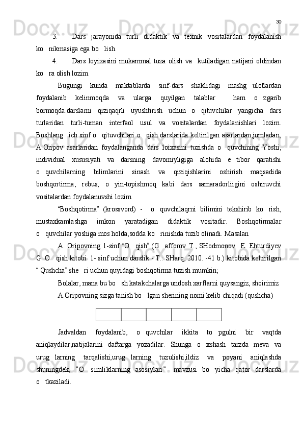30
3. Dars   jarayonida   turli   didaktik   va   texnik   vositalardan   foydalanish
ko nikmasiga ega bo lish. 
4. Dars   loyixasini   mukammal   tuza   olish   va     kutiladigan   natijani   oldindan
ko ra olish lozim.

Bugungi   kunda   maktablarda   sinf-dars   shaklidagi   mashg ulotlardan	

foydalanib   kelinmoqda   va   ularga   quyilgan   talablar     ham   o zgarib	

bormoqda.darslarni   qiziqaqrli   uyushtirish   uchun   o qituvchilar   yangicha   dars	

turlaridan   turli-tuman   interfaol   usul   va   vositalardan   foydalanishlari   lozim.
Boshlang ich sinf o qituvchilari o qish darslarida keltirilgan asarlardan,jumladan,	
  
A.Oripov   asarlaridan   foydalanganda   dars   loixasini   tuzishda   o quvchining   Yoshi,	

individual   xususiyati   va   darsning   davomiyligiga   alohida   e tibor   qaratishi	

o quvchilarning   bilimlarini   sinash   va   qiziqishlarini   oshirish   maqsadida	

boshqortirma,   rebus,   o yin-topishmoq   kabi   dars   samaradorliigini   oshiruvchi	

vositalardan foydalanuvshi lozim.
Boshqotirma   (krossvord)   -     o quvchilaqrni   bilimini   tekshirib   ko rish,	
 	 
mustaxkamlashga   imkon   yaratadigan   didaktik   vositadir.   Boshqotirmalar
o quvchilar yoshiga mos holda,sodda ko rinishda tuzib olinadi. Masalan 	
 
A.   Oripovning   1-sinf   O qish   (G afforov   T.,   SHodmonov     E.   Ehturdiyev	
 	 
G. O qish kitobi. 1- sinf uchun darslik.- T.: SHarq, 2010. -41 b.) kitobida keltirilgan	

 Qushcha  she ri uchun quyidagi boshqotirma tuzish mumkin;	
 	
Bolalar, mana bu bo sh katakchalarga undosh xarflarni quysangiz, shoirimiz	

A.Oripovning sizga tanish bo lgan sherining nomi kelib chiqadi (qushcha)	

Jadvaldan   foydalanib,   o quvchilar   ikkita   to pgulni   bir   vaqtda
 
aniqlaydilar,natijalarini   daftarga   yozadilar.   Shunga   o xshash   tarzda   meva   va	

urug larning   tarqalishi,urug larning   tuzulishi,ildiz   va   poyani   aniqlashda	
 
shuningdek,   O simliklarning   asosiylari   mavzusi   bo yicha   qator   darslarda	
 	 
o tkaziladi.	
 