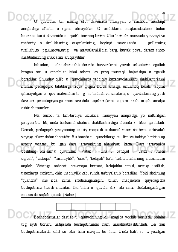 31
O quvchilar   bir   mashg ulot   davomida   muayyan   o simlikni   mustaqil  
aniqlashga   albatta   o rgana   olmaydilar.   O simliklarni   aniqlashdaularni   butun	
 
botanika kursi davomida o rgatib bormoq lozim. Ular birinchi mavzuda yovvoyi va	

madaniy   o simliklarning   organlarining,   keyingi   mavzularda     gullarning	
 
tuzilishi,to pgul,meva,urug   va   maysalarni,ildiz,   barg,   kurtak   poya,   daraxt   shox-
 
shabbalarining shaklarini aniqlaydilar.                                                           
Masalan,     tabiatshunoslik   darsida   hayvonlarni   yorish   uslublarini   egallab
brogan   sari   u quvchilar   ishni   tobora   ko proq   mustaqil   bajarishga   u rganib	
  
boradilar.   Shunday   qilib,   u quvchilarda   tadqiqiy   kuzatuvchanlikni   shakllantirishni	

muhim   pedagogik   talablarga   rioya   qilgan   holda   amalga   oshirmoq   kerak,   taqdim
qilinayotgan o quv materialini  to g ri  tanlash va  saralash,  o quvchilarning yosh	
   
davrlari   psixologiyasiga   mos   ravishda   topshiriqlarni   taqdim   etish   orqali   amalga
oshirish mumkin.
Ma lumki,   ta lim-tarbiya   uzluksiz,   muayyan   maqsadga   yo naltirilgan	
  
jarayon   bu lib,   unda   barkamol   shahsni   shakllantirishga   alohida   e tibor   qaratiladi.
 
Demak,   pedagogik   jarayonning   asosiy   maqsadi   barkamol   inson   shahsini   tarbiyalab
voyaga etkazishdan iboratdir. Bu borada u quvchilarga ta lim va tarbiya berishning	
 
asosiy   vositasi   bu lgan   dars   jarayonining   ahamiyati   katta.   Dars   jarayonida	

boshlang ich  sinf  u quvchilari   Vatan ,   Ona ,   bstiqlol ,  ustoz ,   mehr	
          
oqibat ,   sadoqat ,   insoniylik ,   orzu ,   kelajak   kabi   tushunchalarning   mazmunini	
        
anglab,   Vatanga   sadoqat,   ota-onaga   hurmat,   kelajakka   umid,   orzuga   intilish,
ustozlarga extirom, chin insoniylik kabi ruhda tarbiyalanib boradilar. Yoki shoirning
qushcha   she rida   nima   ifodalanganligini   bilish   maqsadida   quyidagicha	
 	
boshqotirma   tuzish   mumkin.   Bu   bilan   o quvchi   she rda   nima   ifodalanganligini	
 
xotirasida saqlab qoladi: (Bahor).
Boshqotirmalar   dastlab   u qituvchining   ku magida   yechib   boriladi,   bolalar	
 
ulg ayib   borishi   natijasida   boshqotirmalar   ham   murakkablashtiriladi.   Ba zan	
 
boshqotirmalarda   kalit   su zlar   ham   mavjud   bu ladi.   Unda   kalit   so z   yozilgan	
   