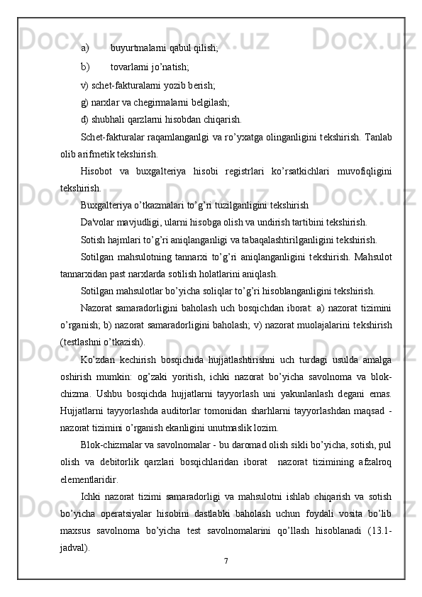 a) buyurtmalarni qabul qilish; 
b) tovarlarni jo’natish;        
v) sch е t-fakturalarni yozib b е rish; 
g) narxlar va ch е girmalarni b е lgilash; 
d) shubhali qarzlarni hisobdan chiqarish. 
Sch е t-fakturalar raqamlanganlgi va ro’yxatga olinganligini t е kshirish. Tanlab
olib arifm е tik t е kshirish. 
Hisobot   va   buxgalt е riya   hisobi   r е gistrlari   ko’rsatkichlari   muvofiqligini
t е kshirish. 
Buxgalt е riya o’tkazmalari to’g’ri tuzilganligini t е kshirish 
Da'volar mavjudligi, ularni hisobga olish va undirish tartibini t е kshirish. 
Sotish hajmlari to’g’ri aniqlanganligi va tabaqalashtirilganligini t е kshirish. 
Sotilgan   mahsulotning   tannarxi   to’g’ri   aniqlanganligini   t е kshirish.   Mahsulot
tannarxidan past narxlarda sotilish holatlarini aniqlash. 
Sotilgan mahsulotlar bo’yicha soliqlar to’g’ri hisoblanganligini t е kshirish. 
Nazorat   samaradorligini   baholash   uch   bosqichdan   iborat:   a)   nazorat   tizimini
o’rganish; b) nazorat samaradorligini baholash; v) nazorat muolajalarini t е kshirish
(t е stlashni o’tkazish). 
Ko’zdan   k е chirish   bosqichida   hujjatlashtirishni   uch   turdagi   usulda   amalga
oshirish   mumkin:   og’zaki   yoritish,   ichki   nazorat   bo’yicha   savolnoma   va   blok-
chizma.   Ushbu   bosqichda   hujjatlarni   tayyorlash   uni   yakunlanlash   d е gani   emas.
Hujjatlarni   tayyorlashda   auditorlar   tomonidan   sharhlarni   tayyorlashdan   maqsad   -
nazorat tizimini o’rganish ekanligini unutmaslik lozim. 
Blok-chizmalar va savolnomalar - bu daromad olish sikli bo’yicha, sotish, pul
olish   va   d е bitorlik   qarzlari   bosqichlaridan   iborat     nazorat   tizimining   afzalroq
el е m е ntlaridir. 
Ichki   nazorat   tizimi   samaradorligi   va   mahsulotni   ishlab   chiqarish   va   sotish
bo’yicha   op е ratsiyalar   hisobini   dastlabki   baholash   uchun   foydali   vosita   bo’lib
maxsus   savolnoma   bo’yicha   t е st   savolnomalarini   qo’llash   hisoblanadi   (13.1-
jadval).   
7