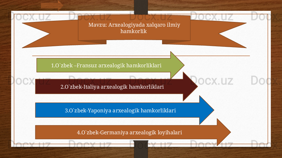 Mavzu: Arxealogiyada xalqaro ilmiy 
hamkorlik 
1.O`zbek –Fransuz arxealogik hamkorliklari 
2.O`zbek-Italiya arxealogik hamkorliklari 
3.O`zbek-Yaponiya arxealogik hamkorliklari 
4.O`zbek-Germaniya arxealogik loyihalari 