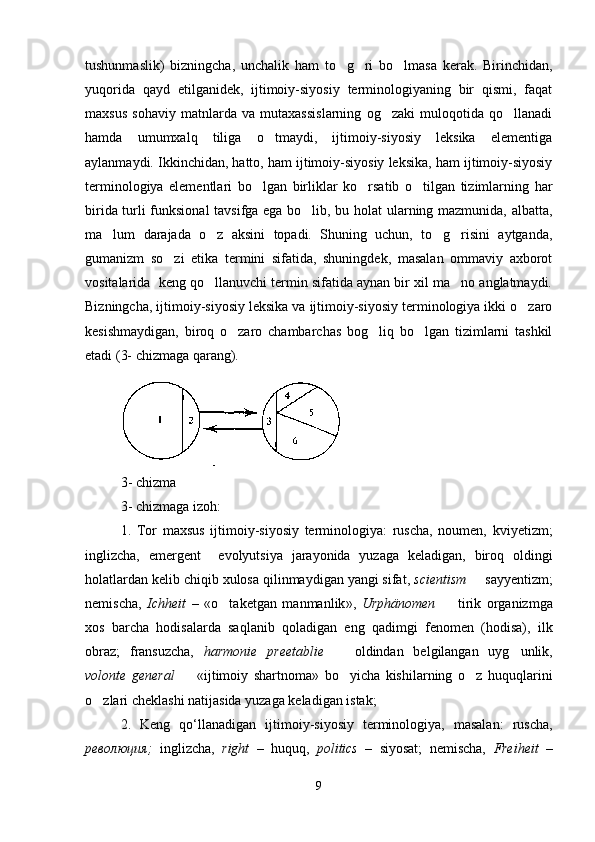 tushunmaslik)   bizningcha,   unchalik   ham   to g ri   bo lmasa   kerak.   Birinchidan,  
yuqorida   qayd   etilganidek,   ijtimoiy-siyosiy   terminologiyaning   bir   qismi,   faqat
maxsus   sohaviy   matnlarda   va   mutaxassislarning   og zaki   muloqotida   qo llanadi	
 
hamda   umumxalq   tiliga   o tmaydi,   ijtimoiy-siyosiy   leksika   elementiga	

aylanmaydi. Ikkinchidan, hatto, ham ijtimoiy-siyosiy leksika, ham ijtimoiy-siyosiy
terminologiya   elementlari   bo lgan   birliklar   ko rsatib   o tilgan   tizimlarning   har	
  
birida turli funksional  tavsifga ega bo lib, bu holat ularning mazmunida, albatta,	

ma lum   darajada   o z   aksini   topadi.   Shuning   uchun,   to g risini   aytganda,	
   
gumanizm   so zi   etika   termini   sifatida,   shuningdek,   masalan   ommaviy   axborot	

vositalarida  keng qo llanuvchi termin sifatida aynan bir xil ma no anglatmaydi.	
 
Bizningcha, ijtimoiy-siyosiy leksika va ijtimoiy-siyosiy terminologiya ikki o zaro	

kesishmaydigan,   biroq   o zaro   chambarchas   bog liq   bo lgan   tizimlarni   tashkil	
  
etadi (3- chizmaga qarang).  
3- chizma 
3- chizmaga izoh: 
1.   Tor   maxsus   ijtimoiy-siyosiy   terminologiya:   ruscha,   noumen,   kviyetizm;
inglizcha,   emergent     evolyutsiya   jarayonida   yuzaga   keladigan,   biroq   oldingi	

holatlardan kelib chiqib xulosa qilinmaydigan yangi sifat,  scientism    	
 sayyentizm ;
nemischa,   Ichheit   –   « o taketgan   manmanlik	
 »,   Urph ä nomen     tirik   organizmga	
xos   barcha   hodisalarda   saqlanib   qoladigan   eng   qadimgi   fenomen   (hodisa),   ilk
obraz ;   fransuzcha,   harmonie   preetablie     oldindan   belgilangan   uyg unlik,	
 
volonte   general    	
 « ijtimoiy   shartnoma»   bo yicha   kishilarning   o z   huquqlarini	 
o zlari cheklashi natijasida yuzaga keladigan istak;	

2 .   Keng   qo‘llanadigan   ijtimoiy-siyosiy   terminologiya,   masalan:   ruscha,
революция;   inglizcha,   right   –   huquq,   politics   –   siyosat;   nemischa,   Freiheit   –
9 
