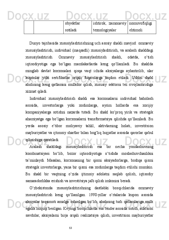 13obyektlar
sotiladi ishtirok,   zamonaviy
texnologiyalar nomuvofiqligi
ehtimoli
Dunyo tajribasida xususiylashtirishning uch asosiy shakli mavjud: ommaviy
xususiylashtirish,   individual   (maqsadli)   xususiylashtirish,   va   aralash   shakldagi
xususiylashtirish.   Ommaviy   xususiylashtirish   shakli,   odatda,   o‘tish
iqtisodiyotiga   ega   bo‘lgan   mamlakatlarda   keng   qo‘llaniladi.   Bu   shaklda
minglab   davlat   korxonalari   qisqa   vaqt   ichida   aksiyalarga   aylantirilib,   ular
kuponlar   yoki   sertifikatlar   orqali   fuqarolarga   taqdim   etiladi.   Ushbu   shakl
aholining   keng   qatlamini   mulkdor   qilish,   xususiy   sektorni   tez   rivojlantirishga
xizmat qiladi.
Individual   xususiylashtirish   shakli   esa   korxonalarni   individual   baholash
asosida,   investorlarga   yoki   xodimlarga,   ayrim   hollarda   esa   xorijiy
kompaniyalarga   sotishni   nazarda   tutadi.   Bu   shakl   ko‘proq   yirik   va   strategik
ahamiyatga   ega   bo‘lgan   korxonalarni   transformatsiya   qilishda   qo‘llaniladi.   Bu
yerda   asosiy   e’tibor   moliyaviy   tahlil,   aktivlarning   holati,   investitsion
majburiyatlar  va ijtimoiy shartlar bilan bog‘liq hujjatlar asosida qarorlar qabul
qilinishiga qaratiladi.
Aralash   shakldagi   xususiylashtirish   esa   bir   necha   yondashuvning
kombinatsiyasi   bo‘lib,   bozor   iqtisodiyotiga   o‘tishda   moslashuvchanlikni
ta’minlaydi.   Masalan,   korxonaning   bir   qismi   aksiyadorlarga,   boshqa   qismi
strategik investorlarga, yana bir qismi esa xodimlarga taqdim  etilishi  mumkin.
Bu   shakl   bir   vaqtning   o‘zida   ijtimoiy   adolatni   saqlab   qolish,   iqtisodiy
samaradorlikka erishish va investitsiya jalb qilish imkonini beradi.
O‘zbekistonda   xususiylashtirishning   dastlabki   bosqichlarida   ommaviy
xususiylashtirish   keng   qo‘llanilgan.   1990-yillar   o‘rtalarida   kupon   asosida
aksiyalar  taqsimoti amalga oshirilgan bo‘lib, aholining turli  qatlamlariga mulk
egalik huquqi berilgan. Keyingi bosqichlarda esa tender asosida sotish, auktsion
savdolar,   aksiyalarni   birja   orqali   realizatsiya   qilish,   investitsion   majburiyatlar 